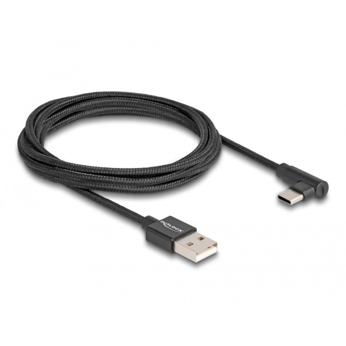 Delock usb-a 2.0 male > usb-c male kabel (zwart, 2 meter, gesleeved, 90°)