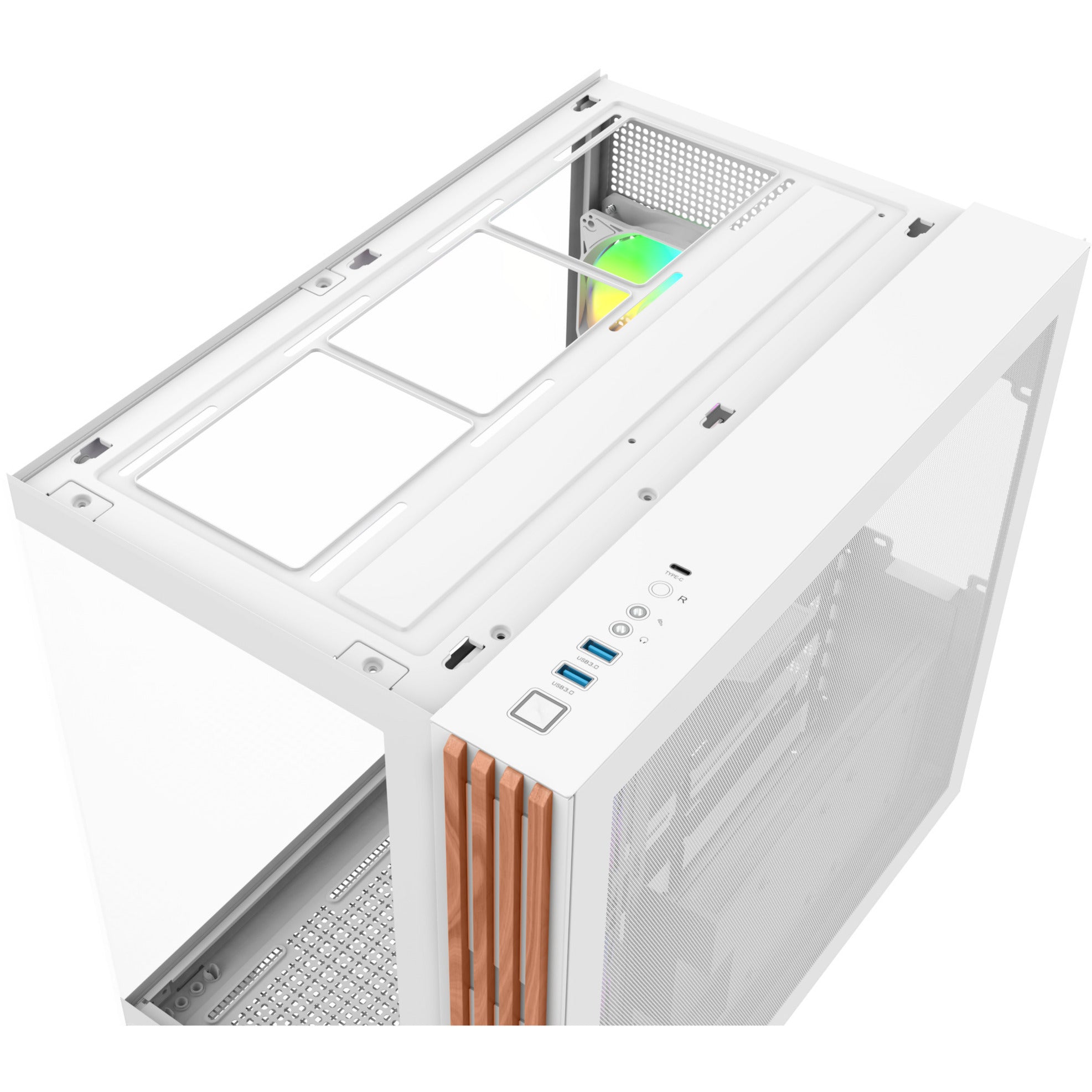 Thermaltake view 380 ws argb snow midi tower behuizing (wit houtkleur | 2x usb-a | 1x usb-c | rgb | tempered glass)