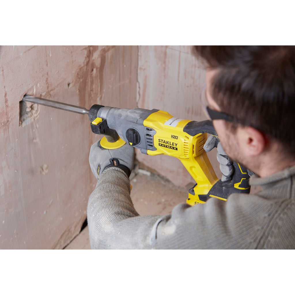 Stanley fatmax v20 18v borstelloze accu hamerboorcombokit boorhamer (geel zwart, sds+, 2 accu's en lader inbegrepen, met koffer)