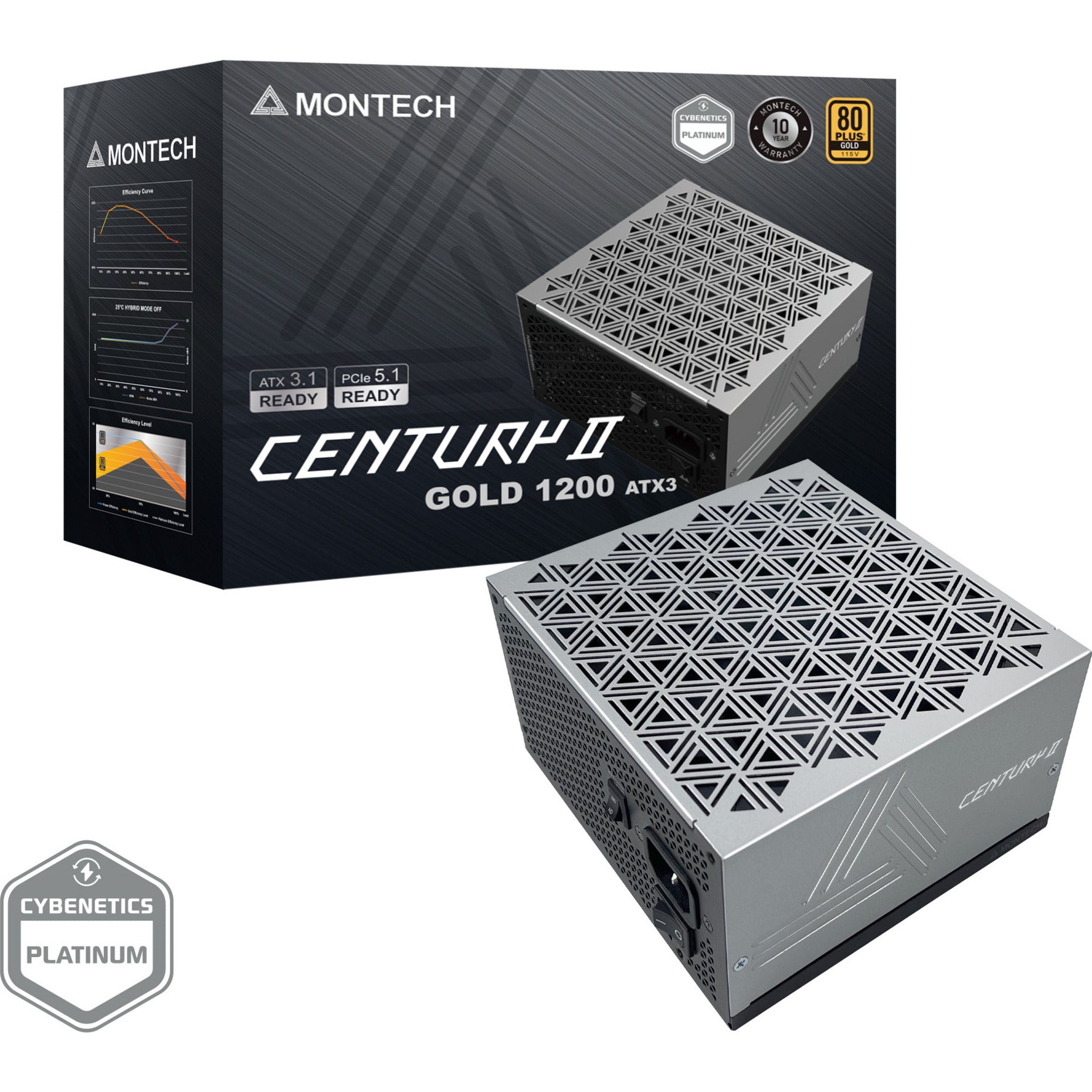 Montech century ii modulaire 1200 watt voeding (zilver, 1x 12v-2x6, 6x pcie)