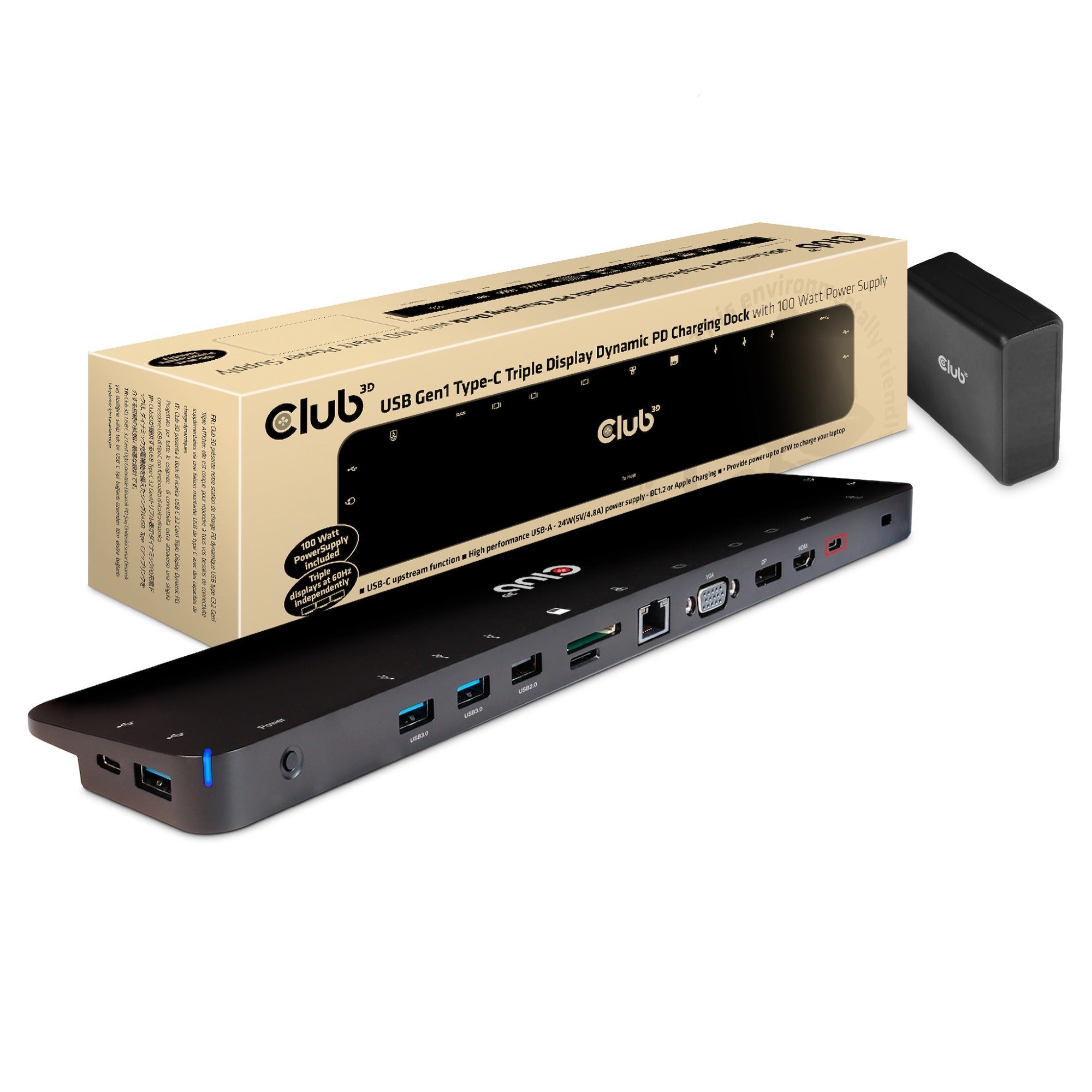 Club 3d usb-c 3.2 gen1 triple display dynamic pd charging dock 100w dockingstation (zwart)