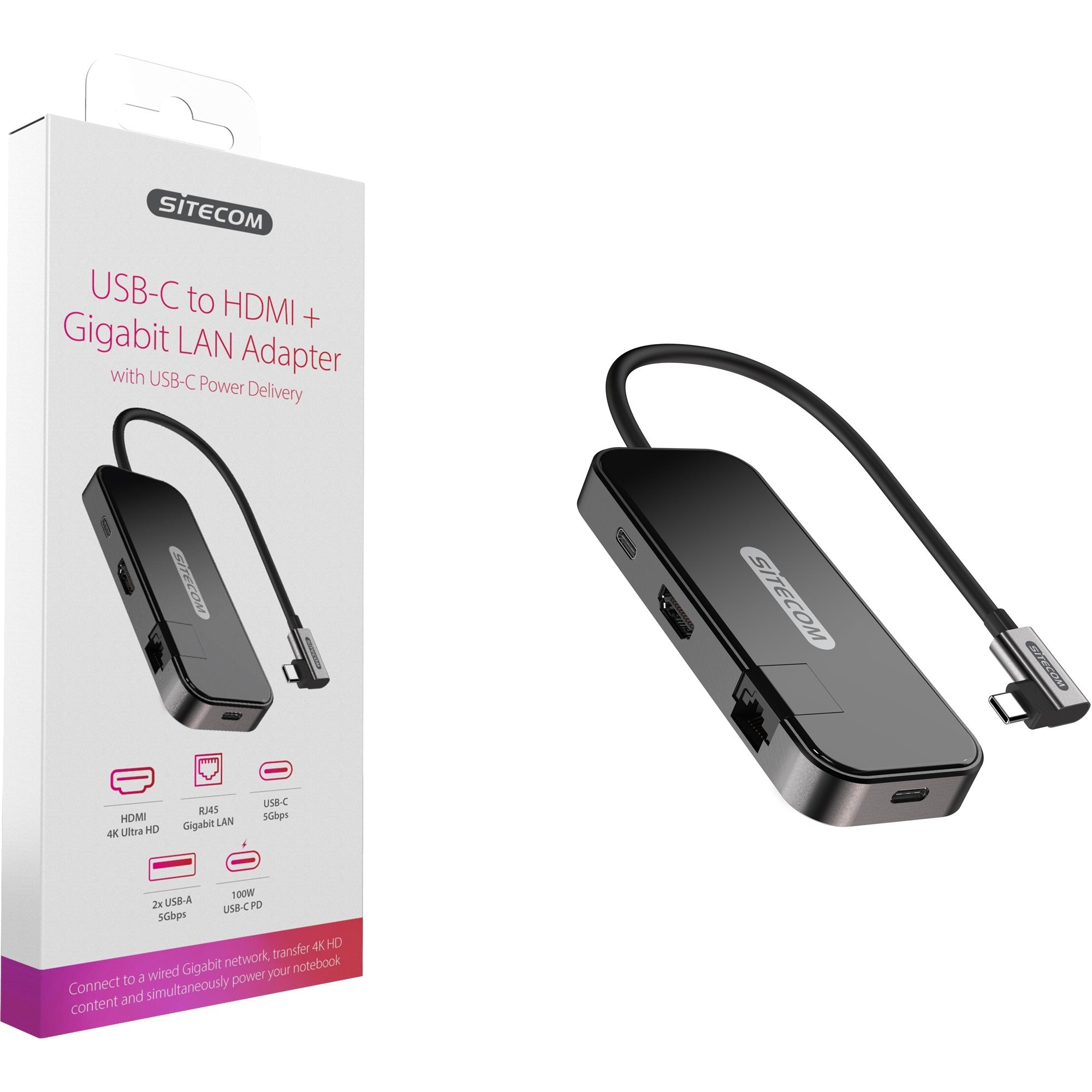Sitecom usb-c to hdmi + gigabit lan adapter (zwart)