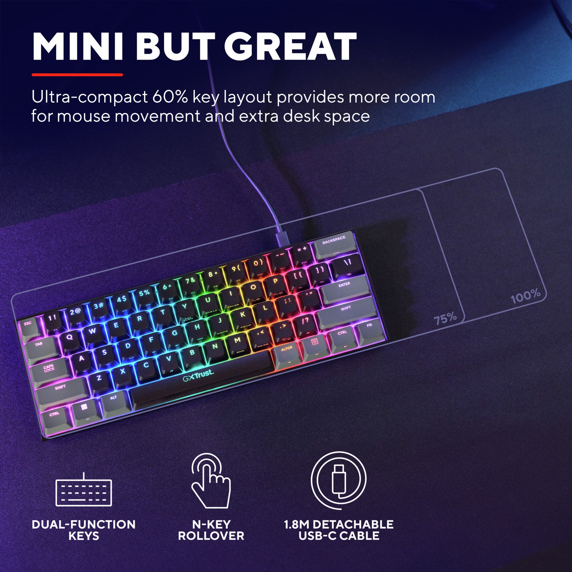 Trust gxt 867 acira 60% mini mechanisch gaming-toetsenbord, gaming toetsenbord (zwart, us lay-out, outemu red, 60%, rgb)