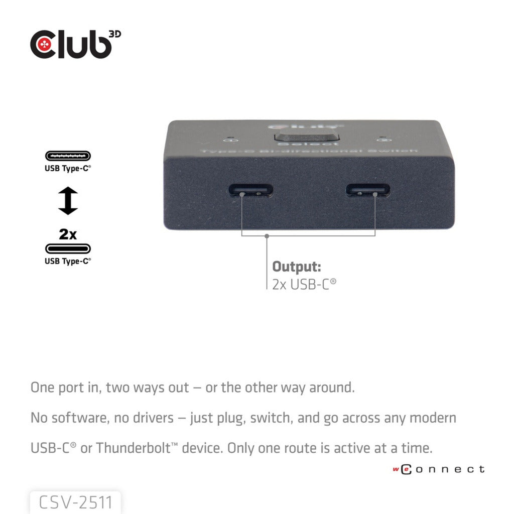 Club 3d usb-c bi-directional video + data + pd switch usb-switch (zwart)
