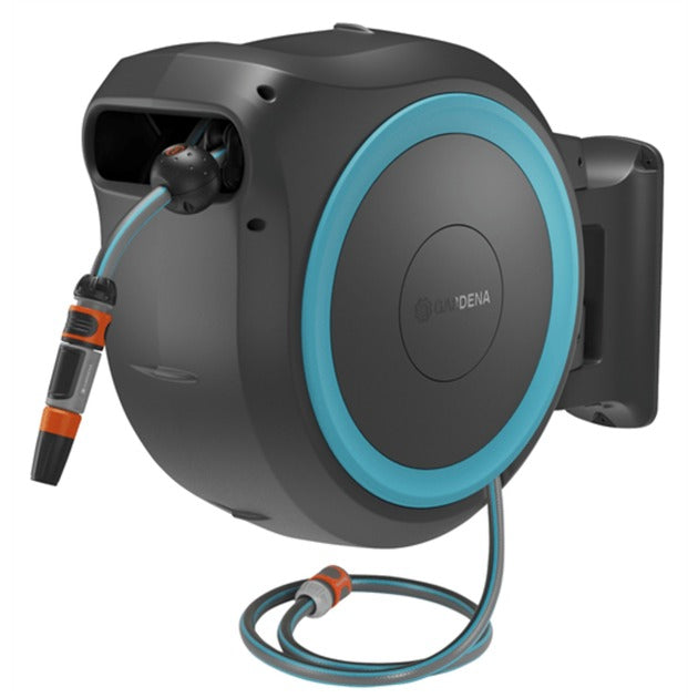 Gardena 35 m wand-slangenbox powerroll xl slanghaspel (grijs turquoise, 35 meter, accu en oplader niet inbegrepen, power for all alliance)
