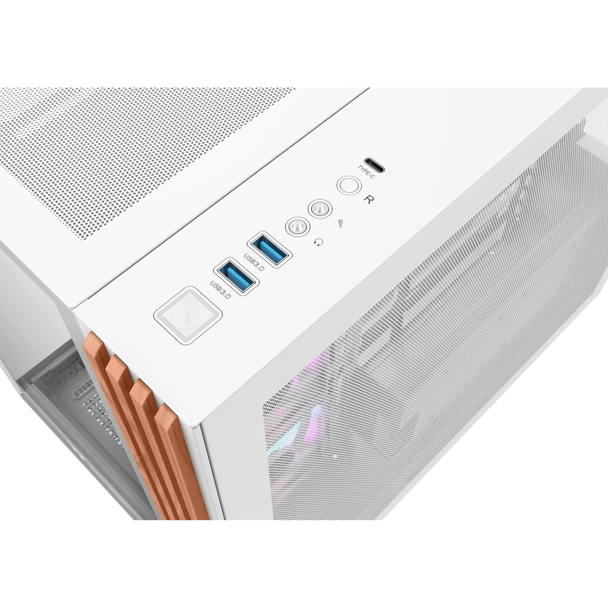 Thermaltake view 380 ws argb snow midi tower behuizing (wit houtkleur | 2x usb-a | 1x usb-c | rgb | tempered glass)