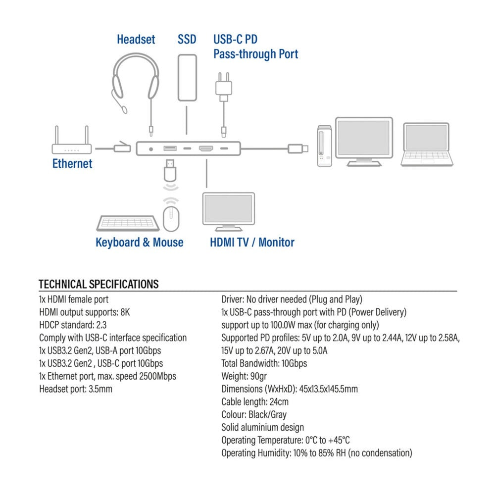 Act connectivity usb-c 4k 8k 60hz dockingstation (grijs)