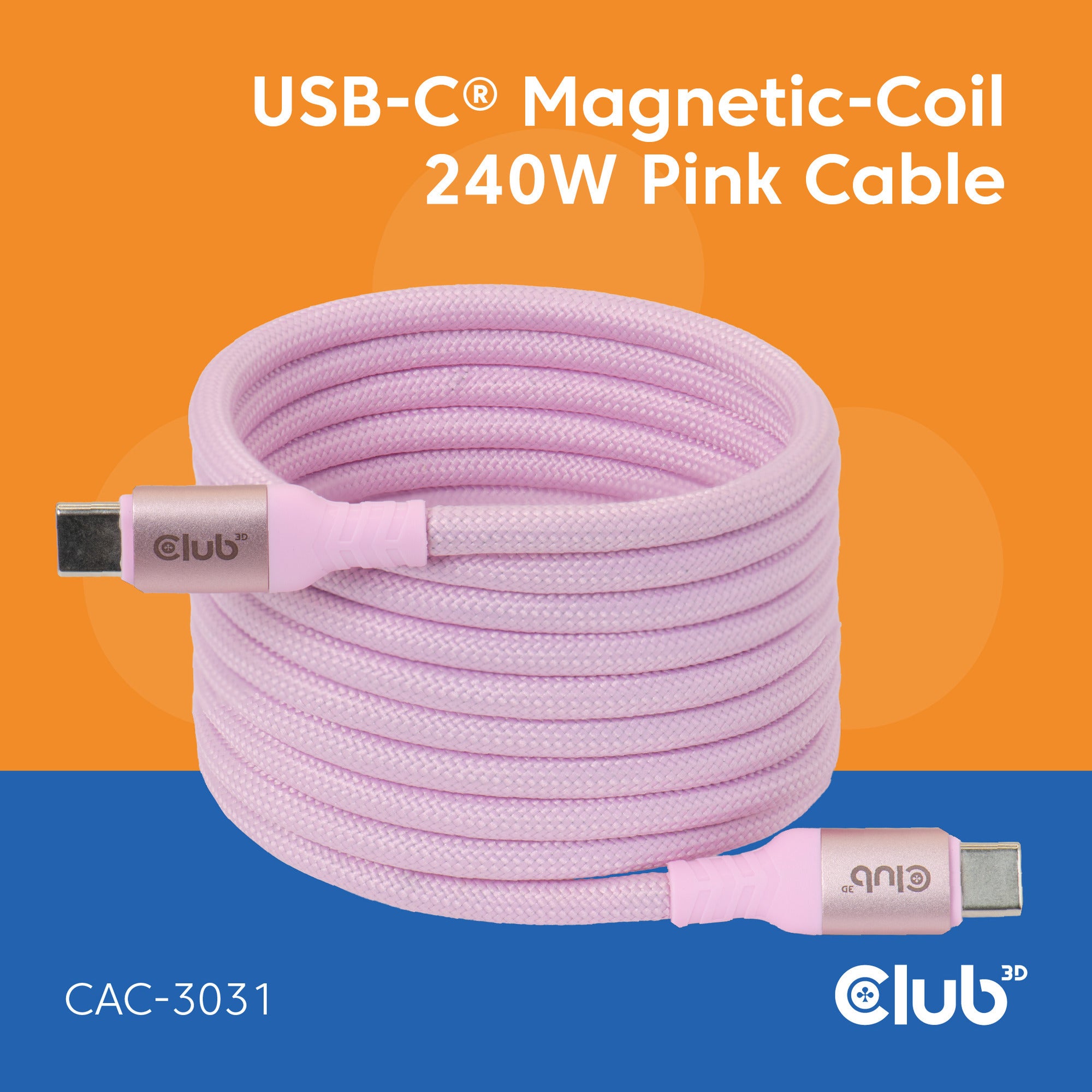 Club 3d usb-c magnetic-coil 240w pd3.1 pink cable, 2 meter kabel (roze)