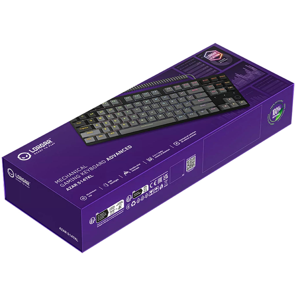 Lorgar azar 514tkl rgb mechanisch gaming toetsenbord (zwart, us lay-out (qwerty), logar dream, 80% (tkl), rgb)