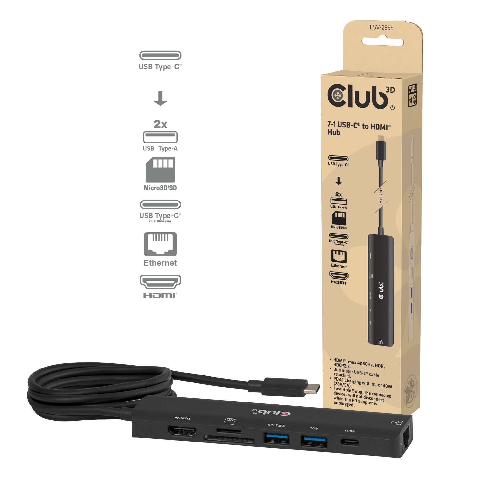 Club 3d csv-2555 7-1 usb-c naar hdmi hub (zwart, 4k60hz, pd3.1 140w, usb-a, usb-c, lan, microsd)