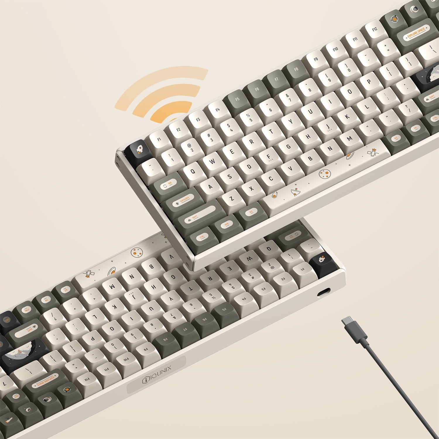 Iqunix f97 hitchhiker wireless mechanical keyboard (grijs, us lay-out (qwerty), cherry mx red, 96%, rgb leds, hot-swappable, pbt, 2.4ghz | bluetooth 5.1 | usb-c)