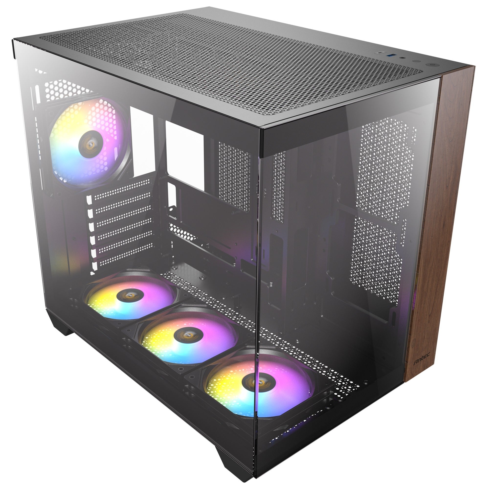 Antec cx800 wood argb midi tower behuizing (zwart houtkleur | 1x usb-a | 1x usb-c | tempered glass)