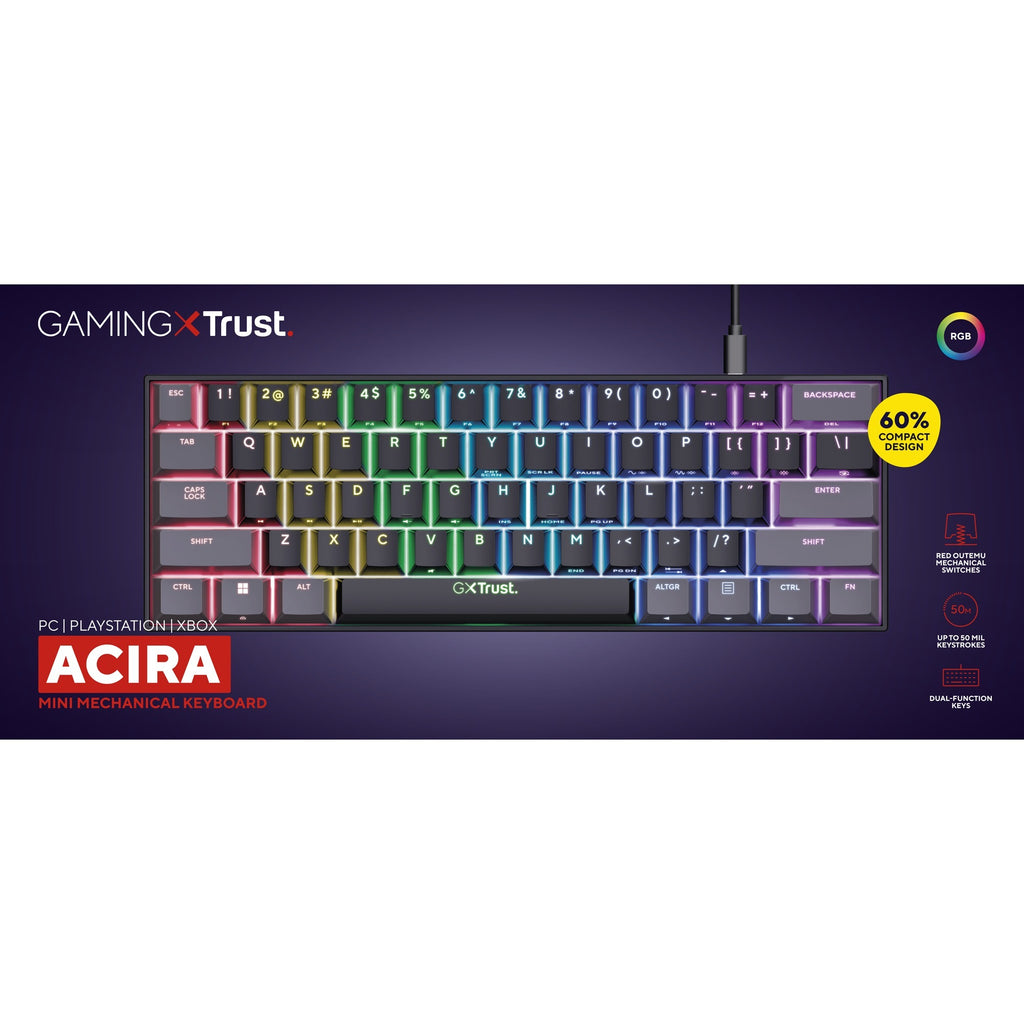 Trust gxt 867 acira 60% mini mechanisch gaming-toetsenbord, gaming toetsenbord (zwart, us lay-out, outemu red, 60%, rgb)