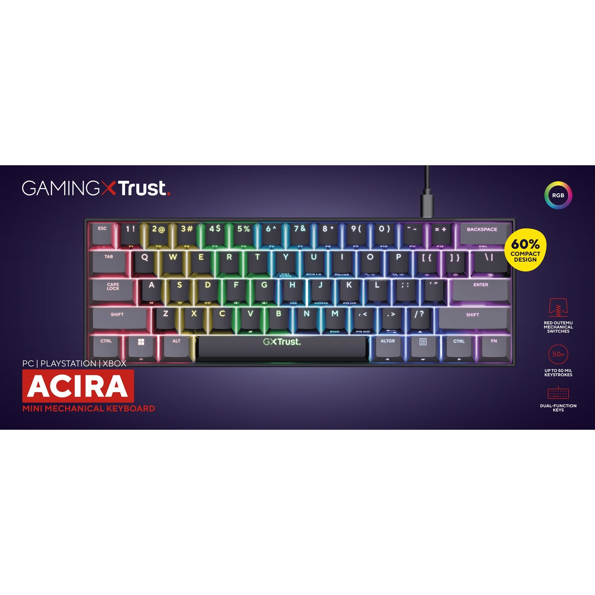 Trust gxt 867 acira 60% mini mechanisch gaming-toetsenbord, gaming toetsenbord (zwart, us lay-out, outemu red, 60%, rgb)