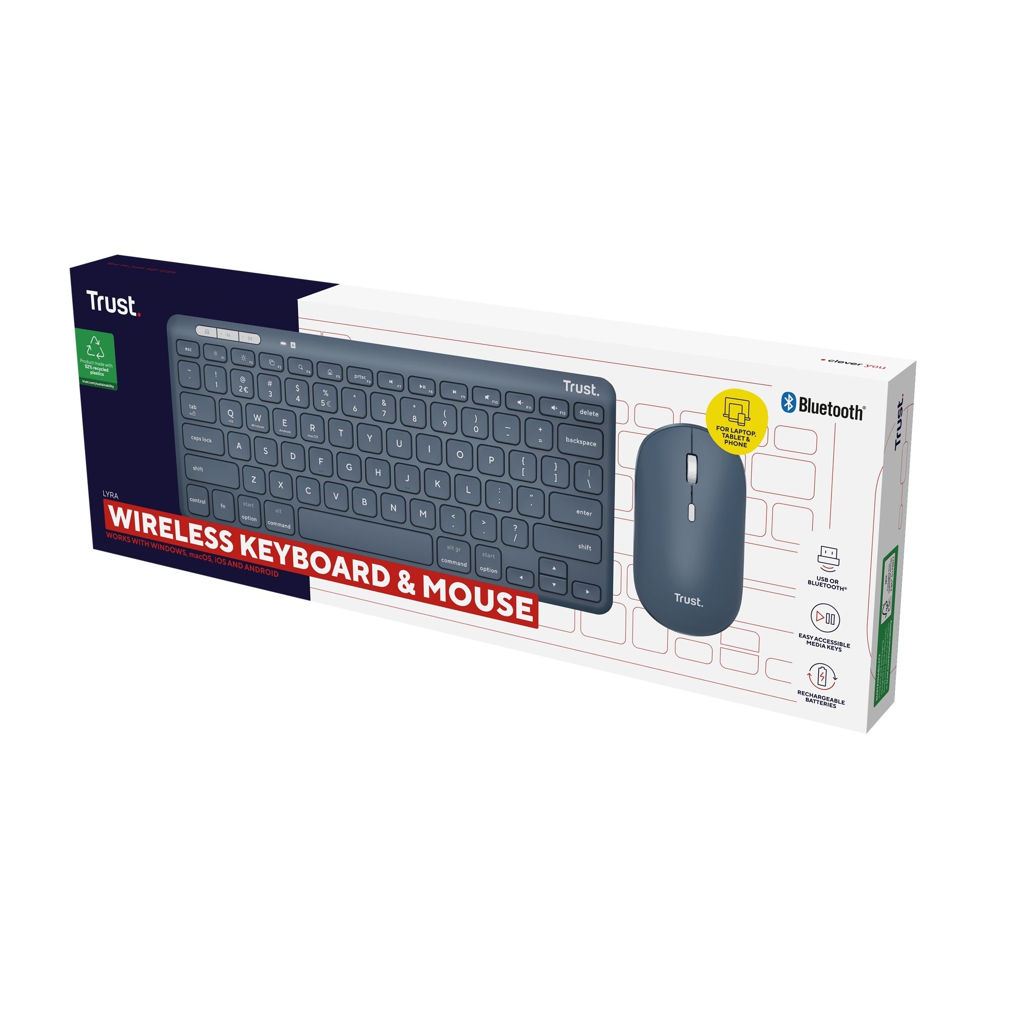 Trust lyra multi-device wireless keyboard mouse, desktopset (blauw, us lay-out, scissor switches, 800 - 1.600 dpi, 2,4 ghz usb, bluetooth, 65%)
