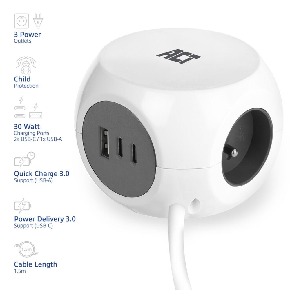 Act connectivity stekkerdoos kubus met 3 stopcontacten, 30w power delivery usb-c a poorten, kabellengte 1,5m stekkerdoos (wit, type e)