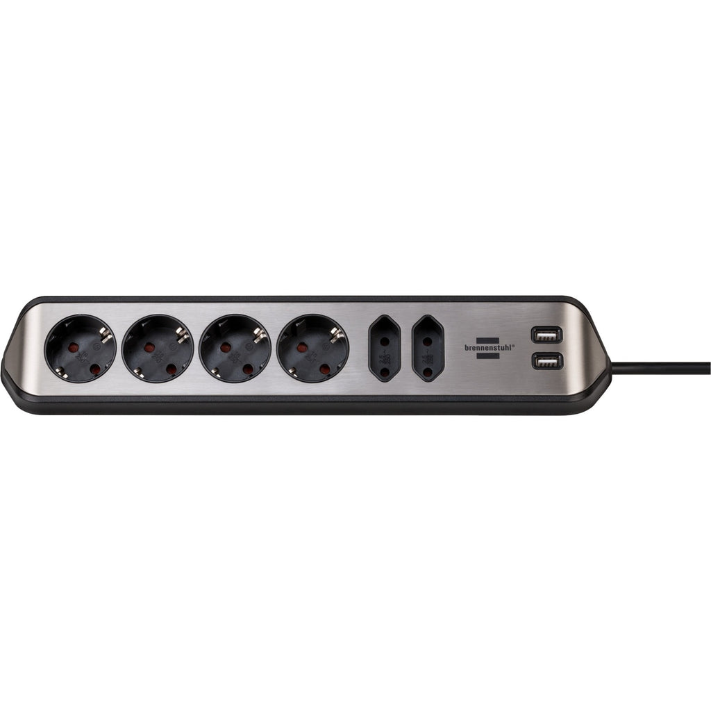 Brennenstuhl ®estilo hoekaansluitdoosstrook met usb laadfunctie 6-weg 4x b eschermend contactdoos 2x euro zilver zwart