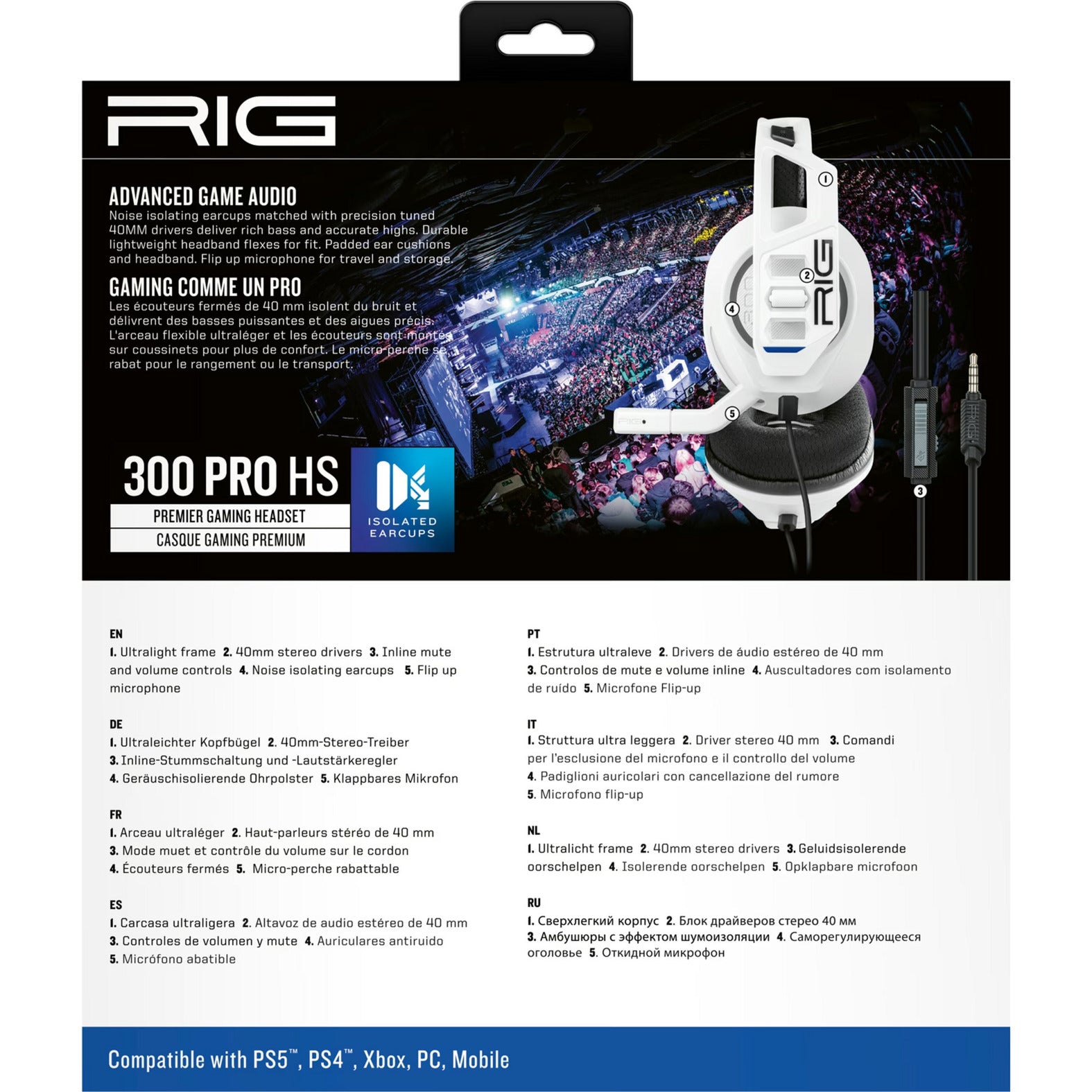 Nacon rig 300 pro hs over-ear gaming headset (wit, playstation 4, playstation 5, xbox, nintendo switch, pc)