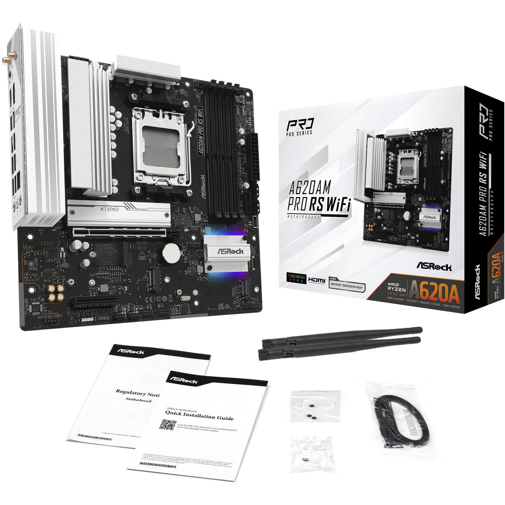 Asrock a620am pro rs wifi socket am5 moederbord (raid, 2.5 gb-lan, wlan, bt, sound, µatx)