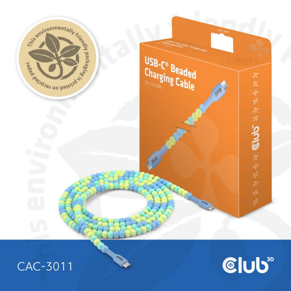 Club 3d usb-c beaded cable blue, 2 meter kabel (blauw)