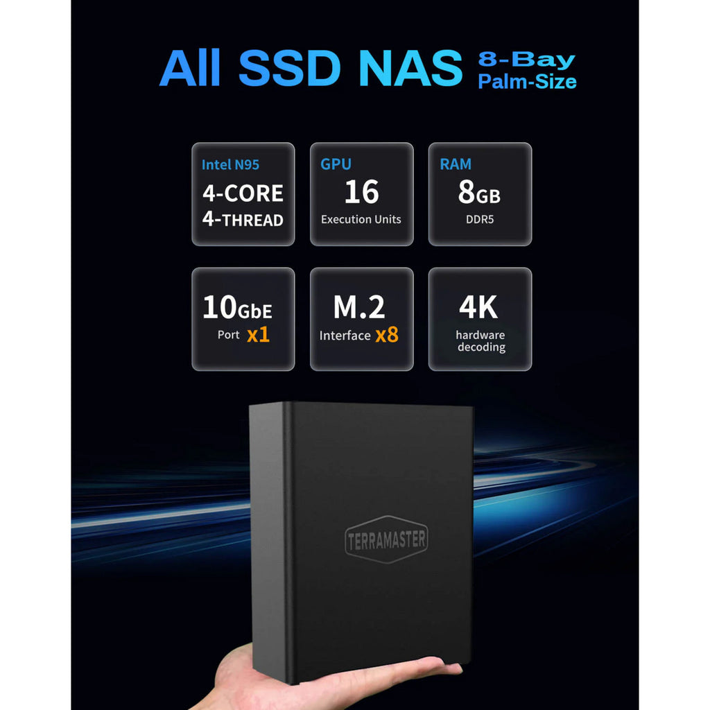 Terramaster f8 ssd nas (zwart, 1x 10gbe, hdmi, usb)