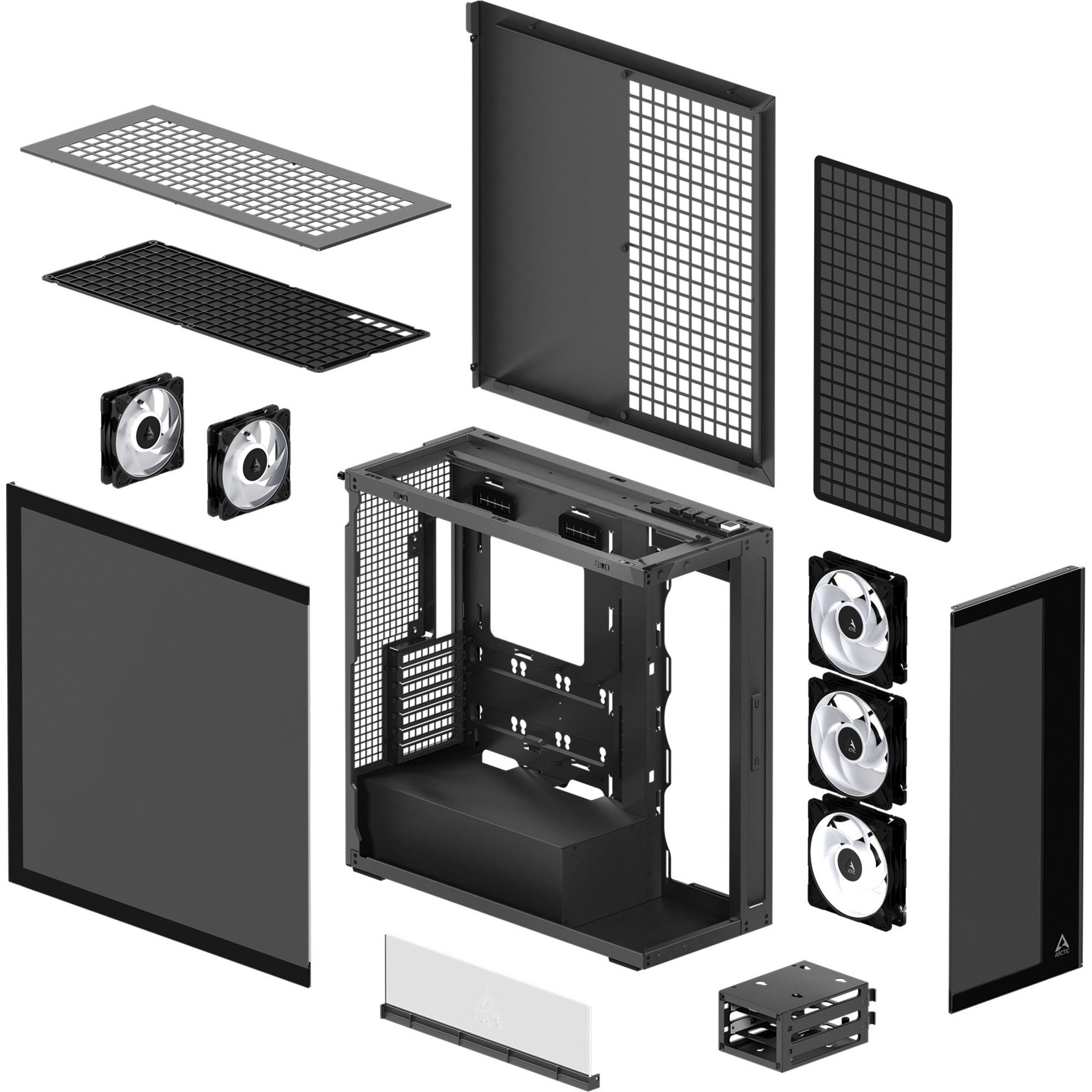 Arctic xtender midi tower behuizing (zwart (mat) | 2x usb-a | 1x usb-c | rgb | tempered glass)