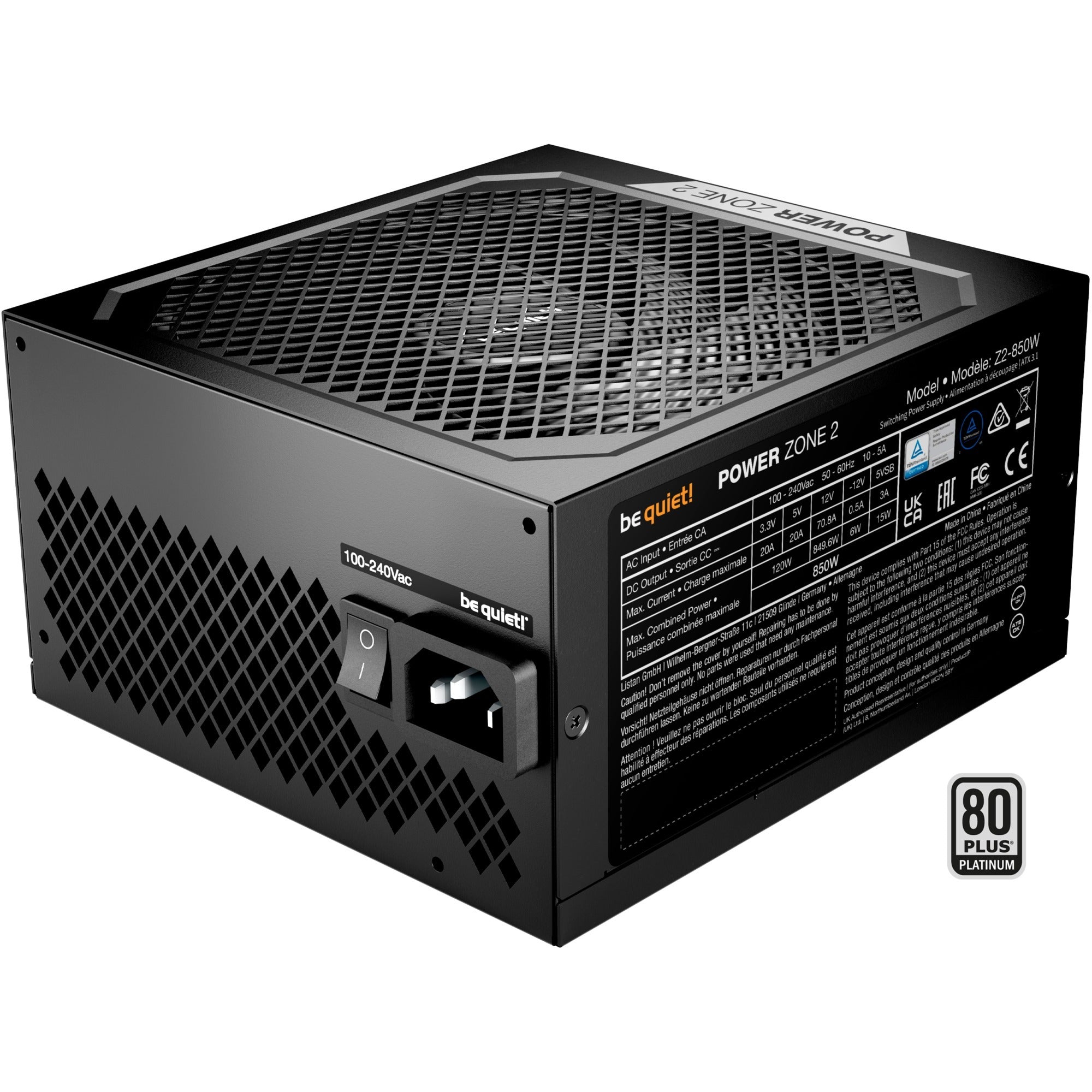 Be quiet! power zone 2 modulaire 850 watt voeding (zwart, 1x 12v-2x6, 3x pcie)