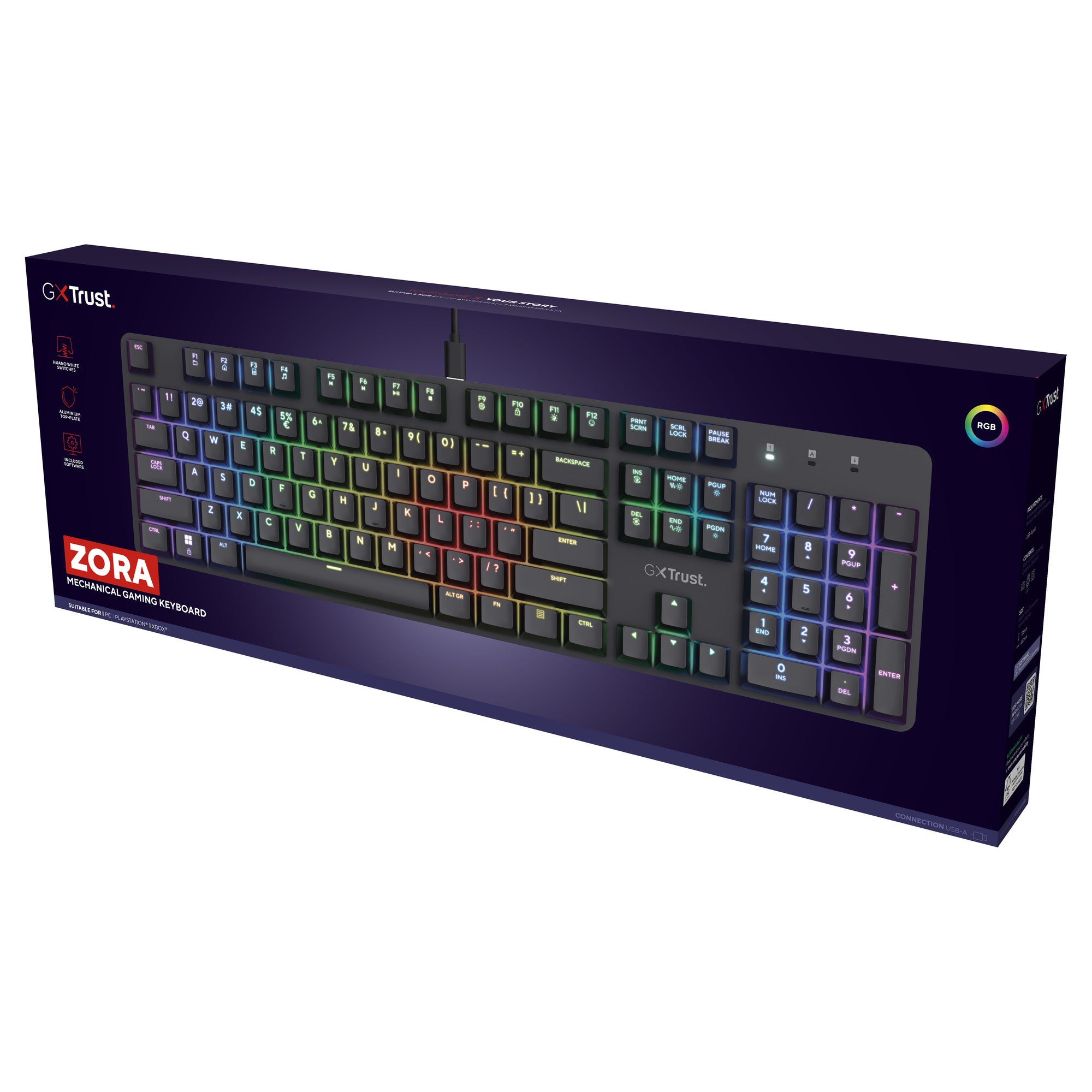 Trust gxt 871 zora mechanisch gaming toetsenbord (zwart, us lay-out (qwerty), huano red, 100%, rgb)