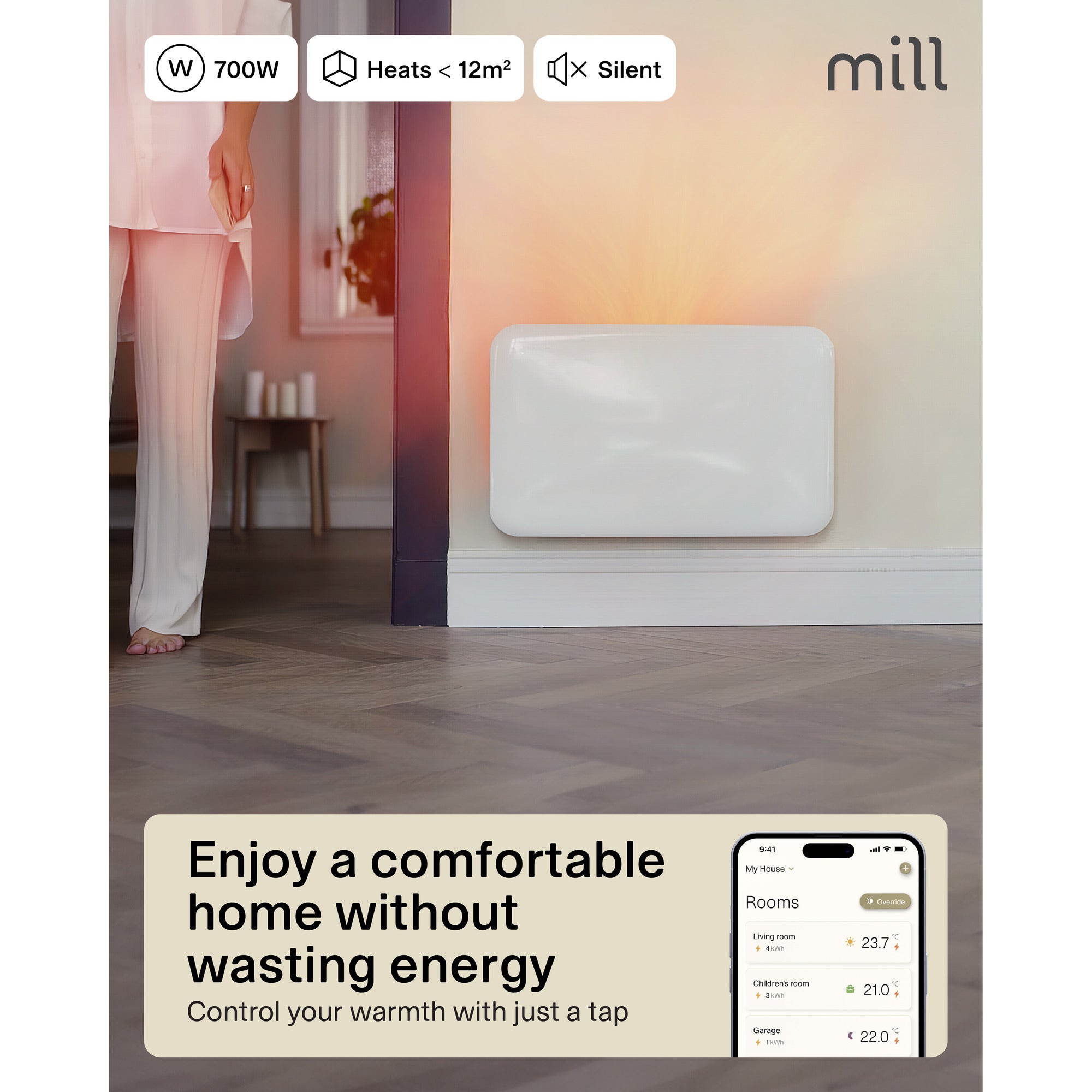 Mill steel wifi paneelverwarming pa700wifi4, 700 watt convector (wit, wifi 2,4 ghz (wifi 6), bluetooth 5.2, zigbee 3.0 + app)