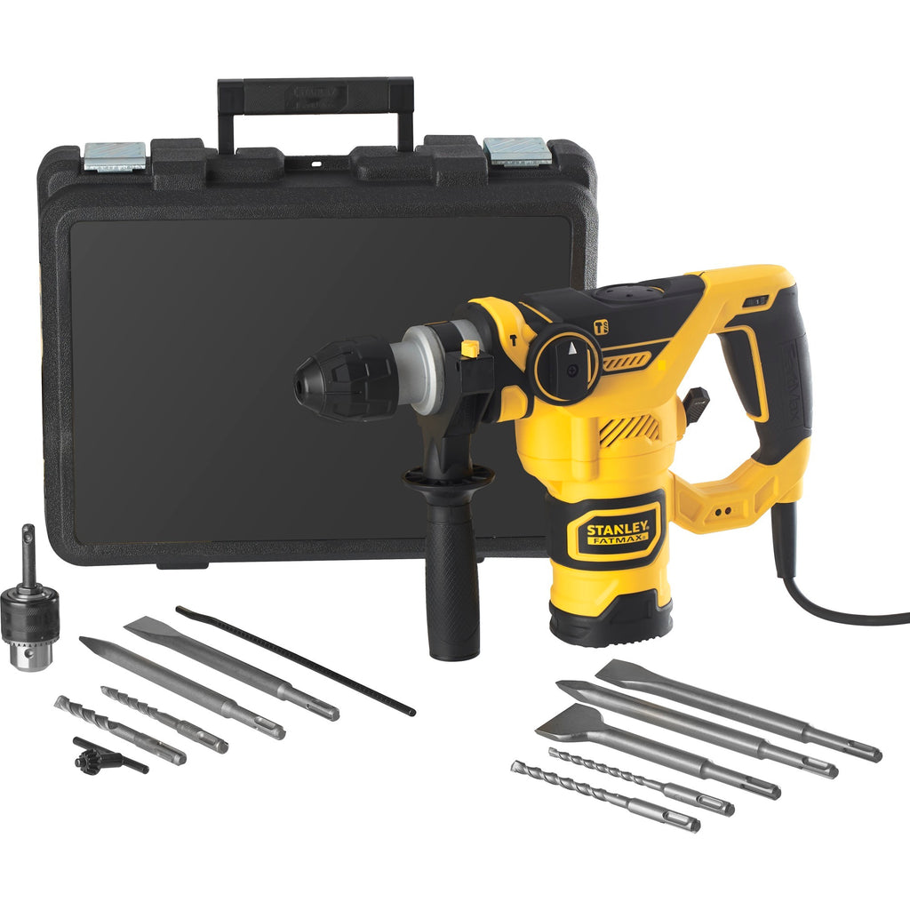 Stanley fatmax 1250w pneumatische boorhamer met 3-delige beitelset (geel zwart, sds+, met koffer)
