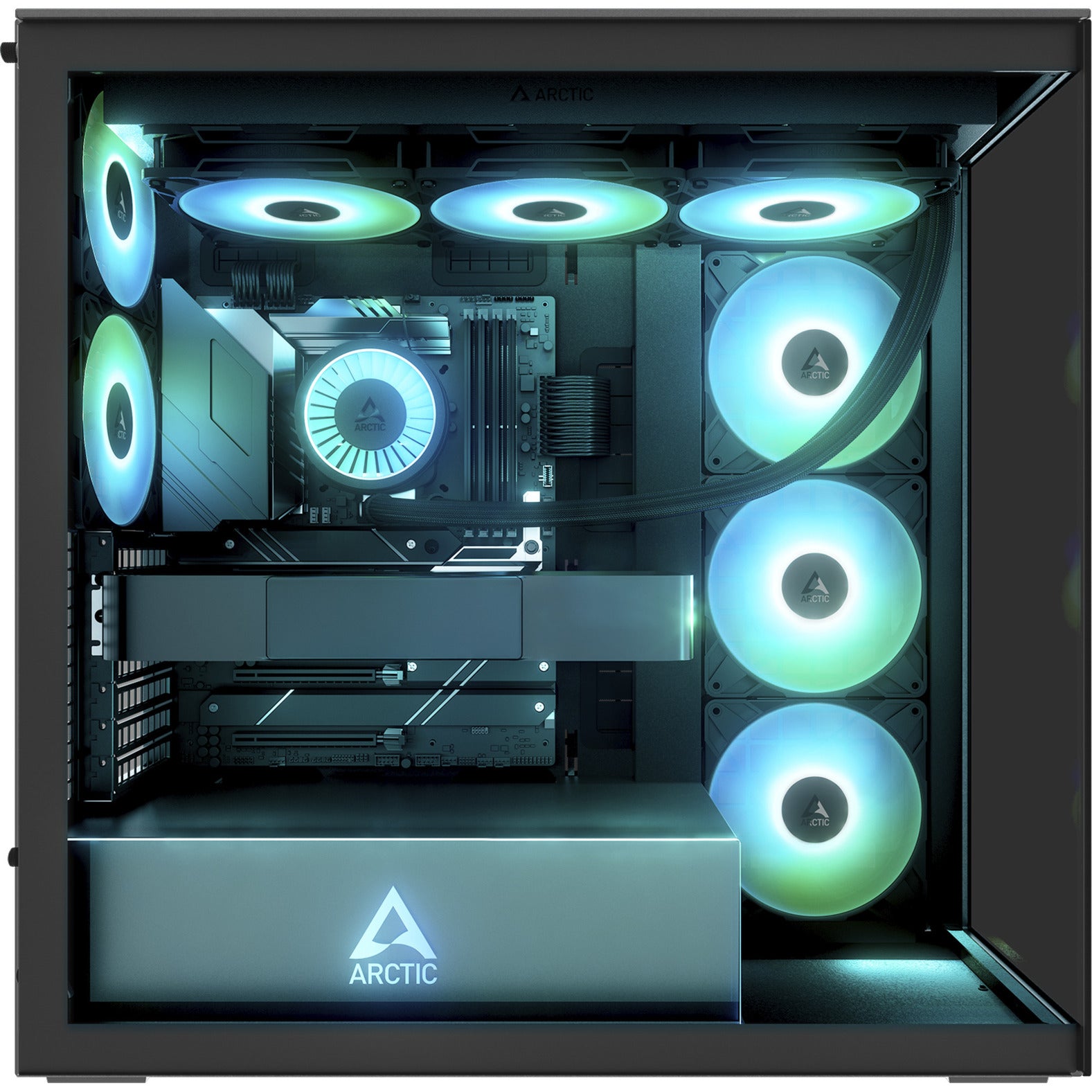 Arctic xtender midi tower behuizing (zwart | 2x usb-a | 1x usb-c | rgb | tempered glass)