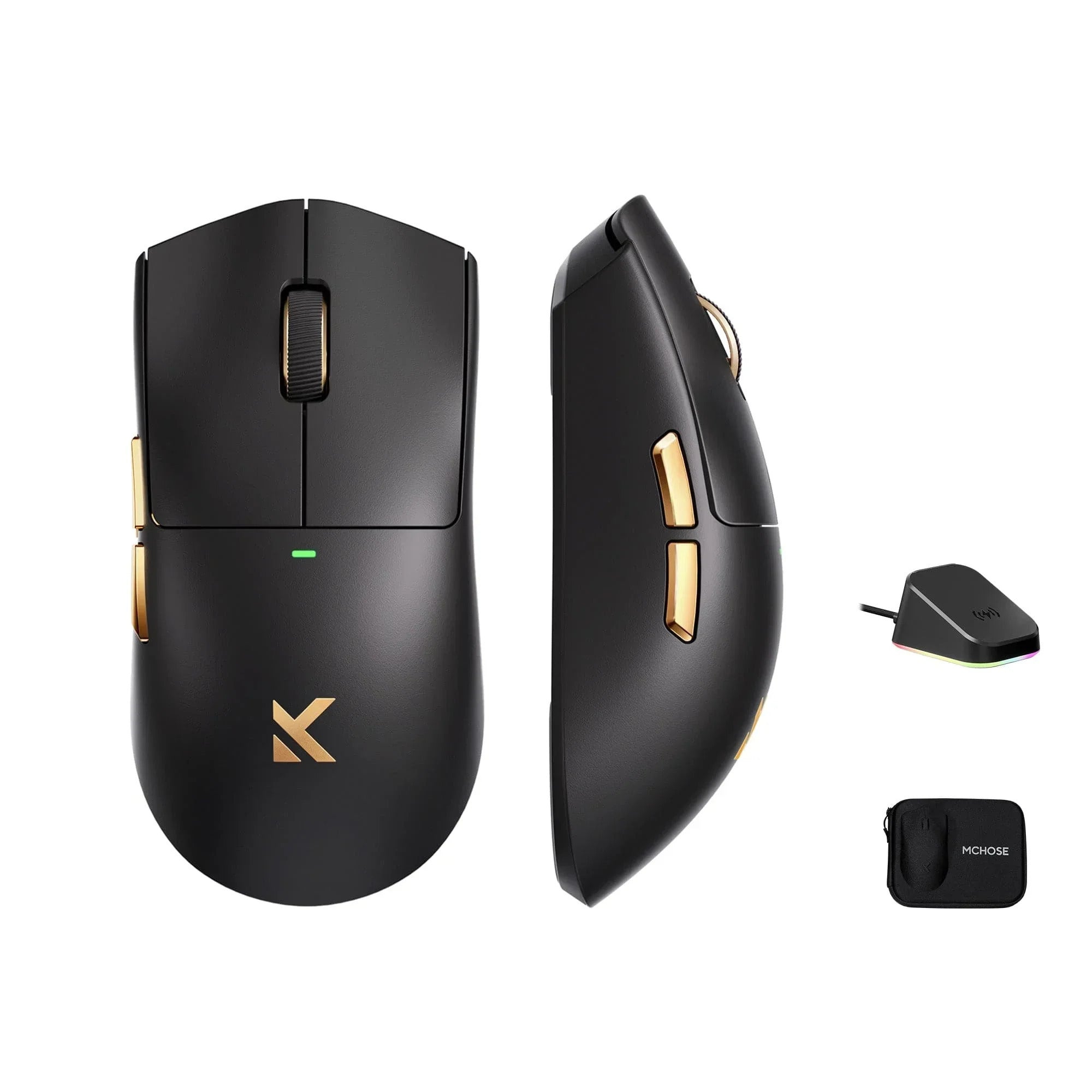Mchose k7 ultra lightweight wireless gaming mouse (zwart goud, rgb, usb 2.4 ghz, 42.000 dpi)