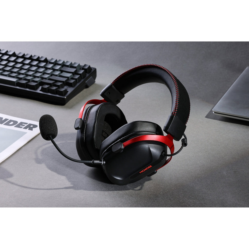 Mchose s9 pro wireless over-ear gaming headset (zwart rood, pc laptop playstation switch smartphone, 2.4g bluetooth wired type-c )