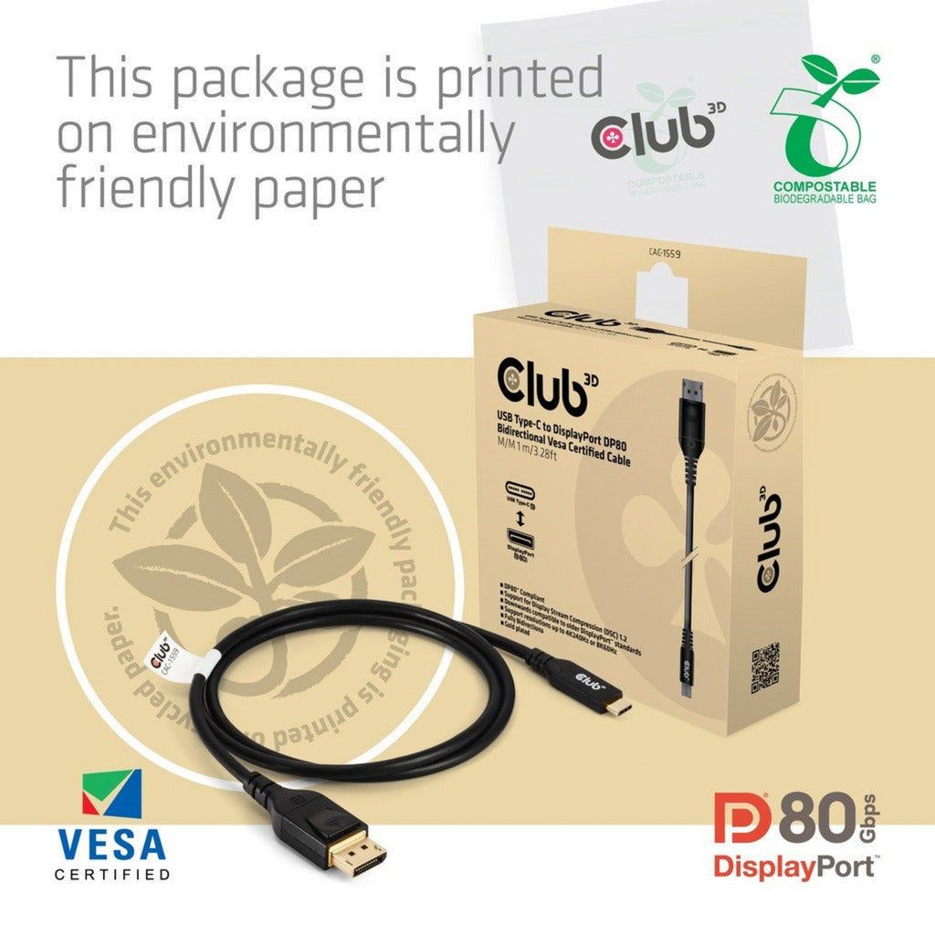 Club 3d usb-c naar displayport dp80 bidirectioneel adapter (zwart, 1 meter, vesa-gecertificeerd)