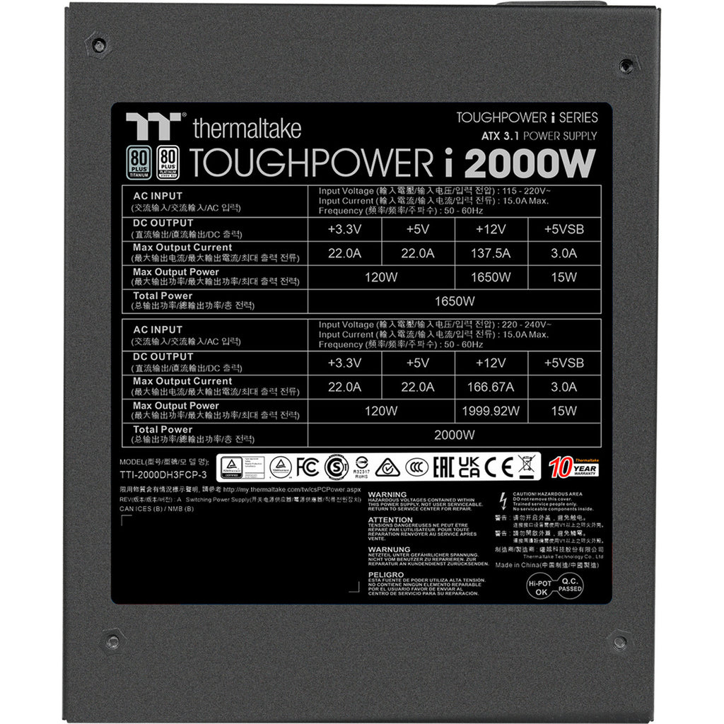 Thermaltake toughpower i modulaire 2000 watt voeding (zwart, 4x 12v-2x6, 8x pcie)