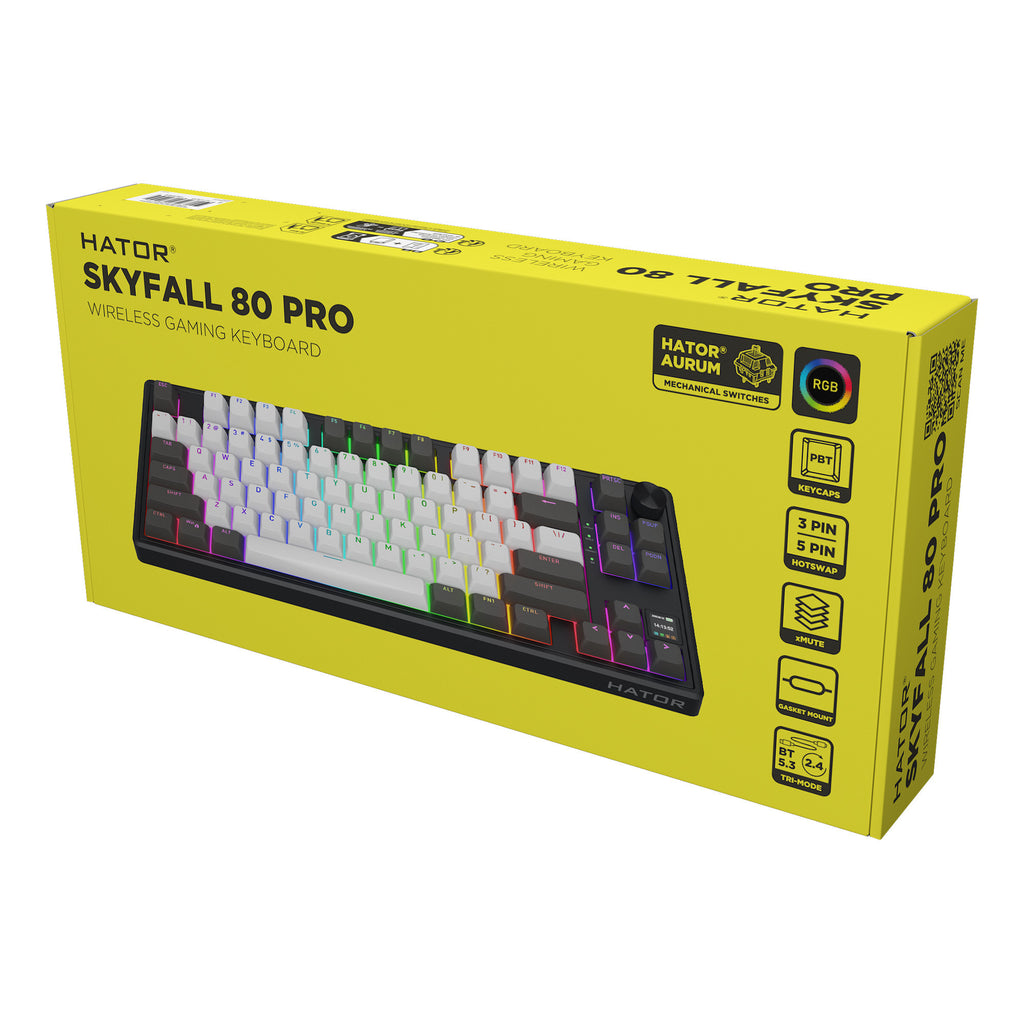 Hator skyfall pro wireless rgb mechanisch gaming toetsenbord (zwart, us lay-out (qwerty), hator aurum vanilla silent, 80% (tkl), rgb, double-shot pbt, hot-swap, 2.4ghz | bluetooth | usb-c)