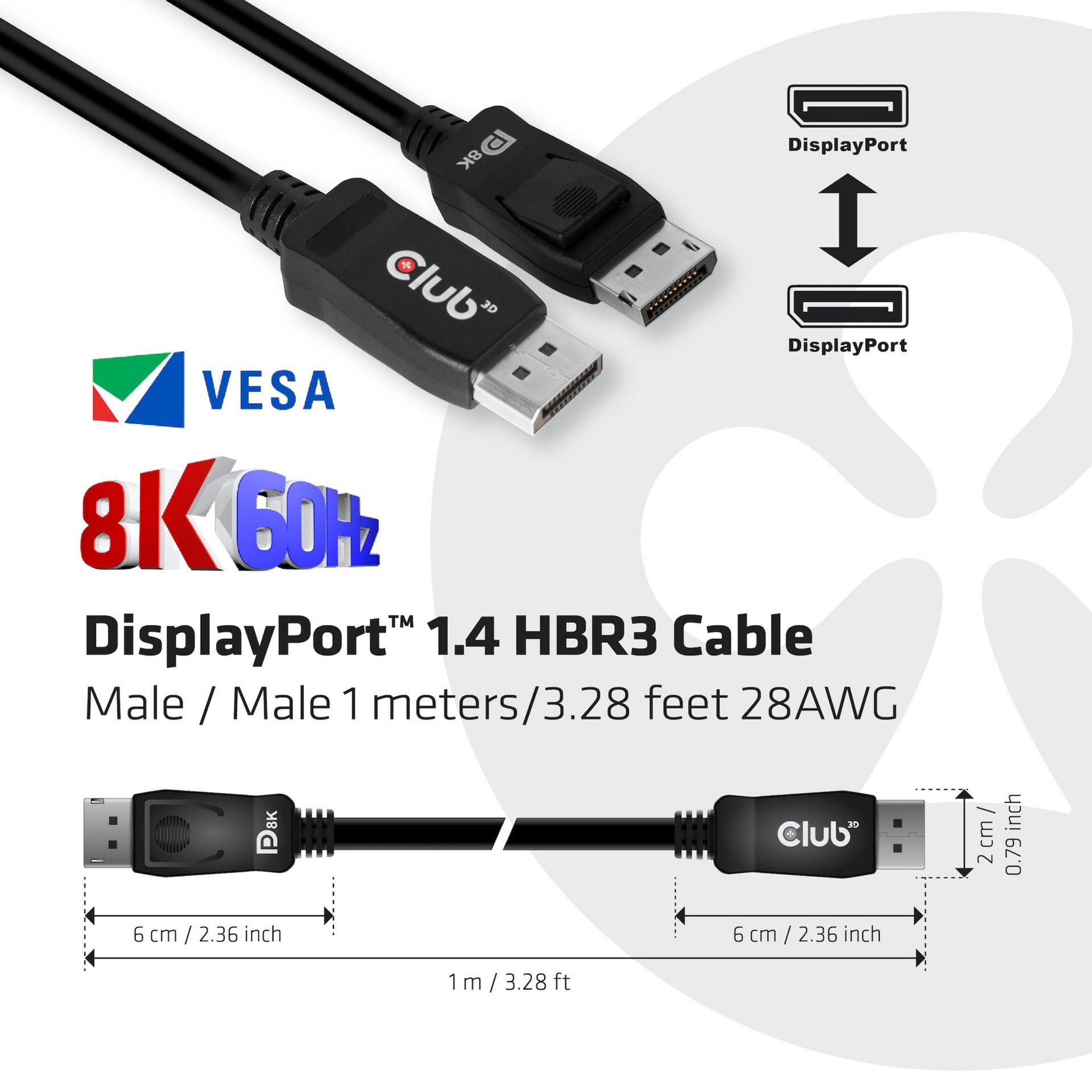 Club 3d displayport 1.4 vesa gecertificeerde kabel male-male (zwart, 1 meter, 8k 60hz of 2x 4k 60hz, 32.4gbps)
