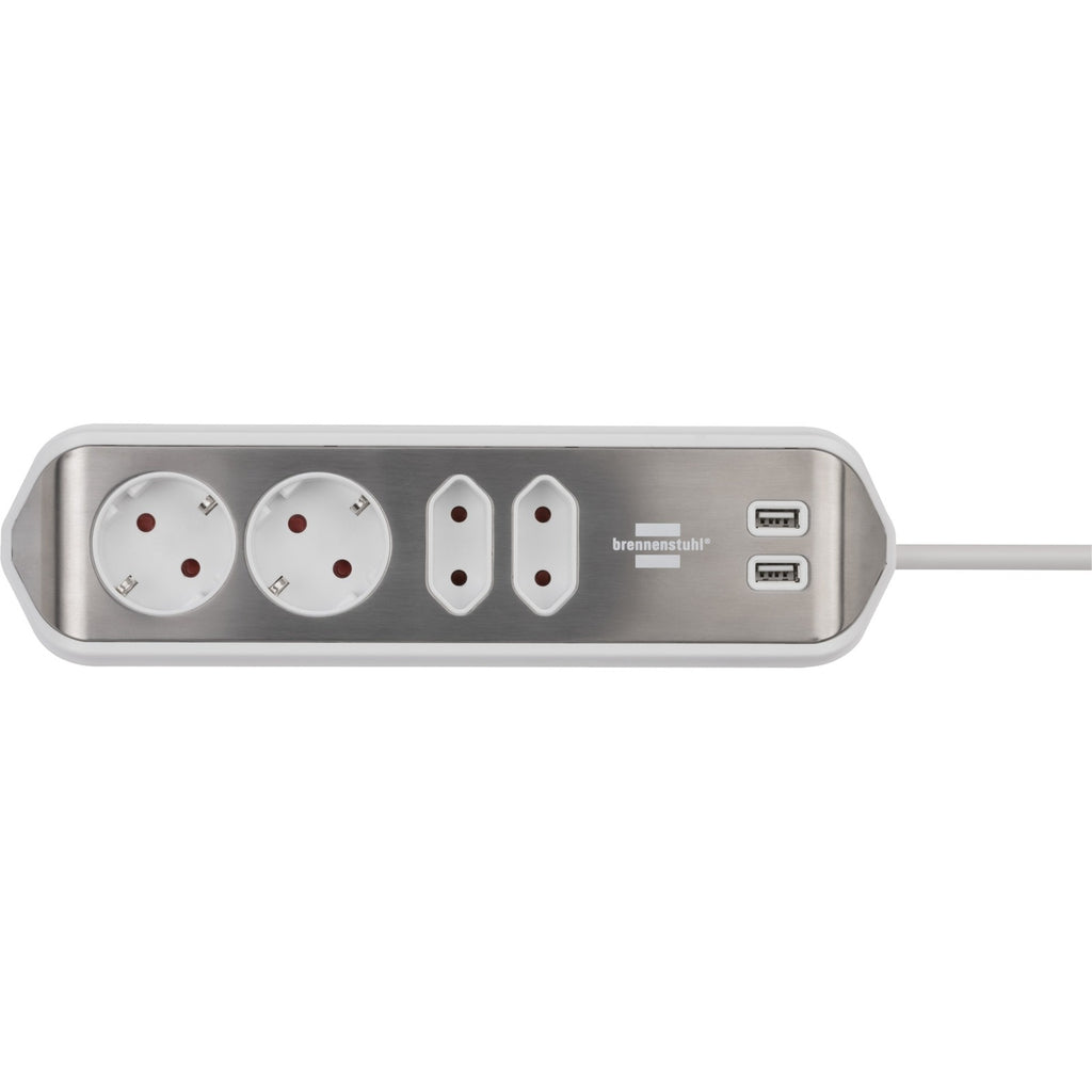 Brennenstuhl ®estilo hoekaansluitdoosstrook met usb laadfunctie 4-weg 2x beschermende contactdozen 2x euro zilver wit