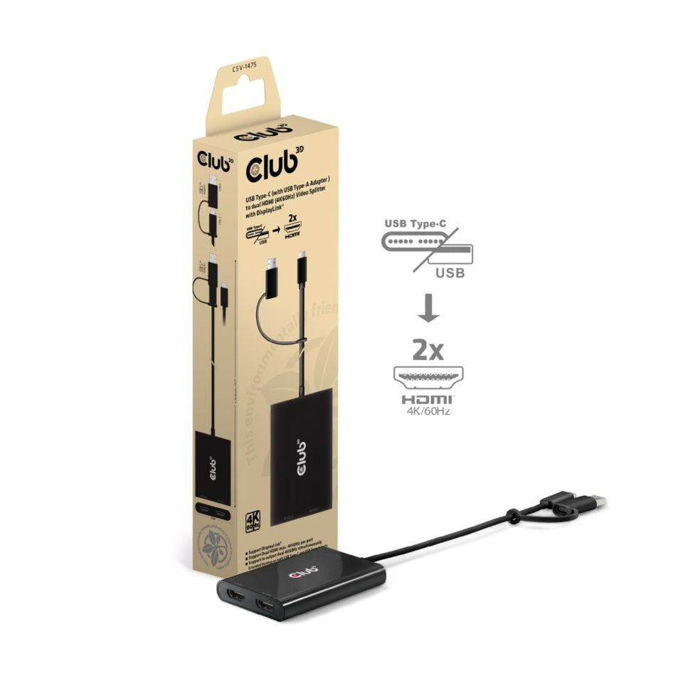 Club 3d usb-c naar 2x hdmi video splitter met displaylink hdmi splitter (zwart, met usb-a adapter)