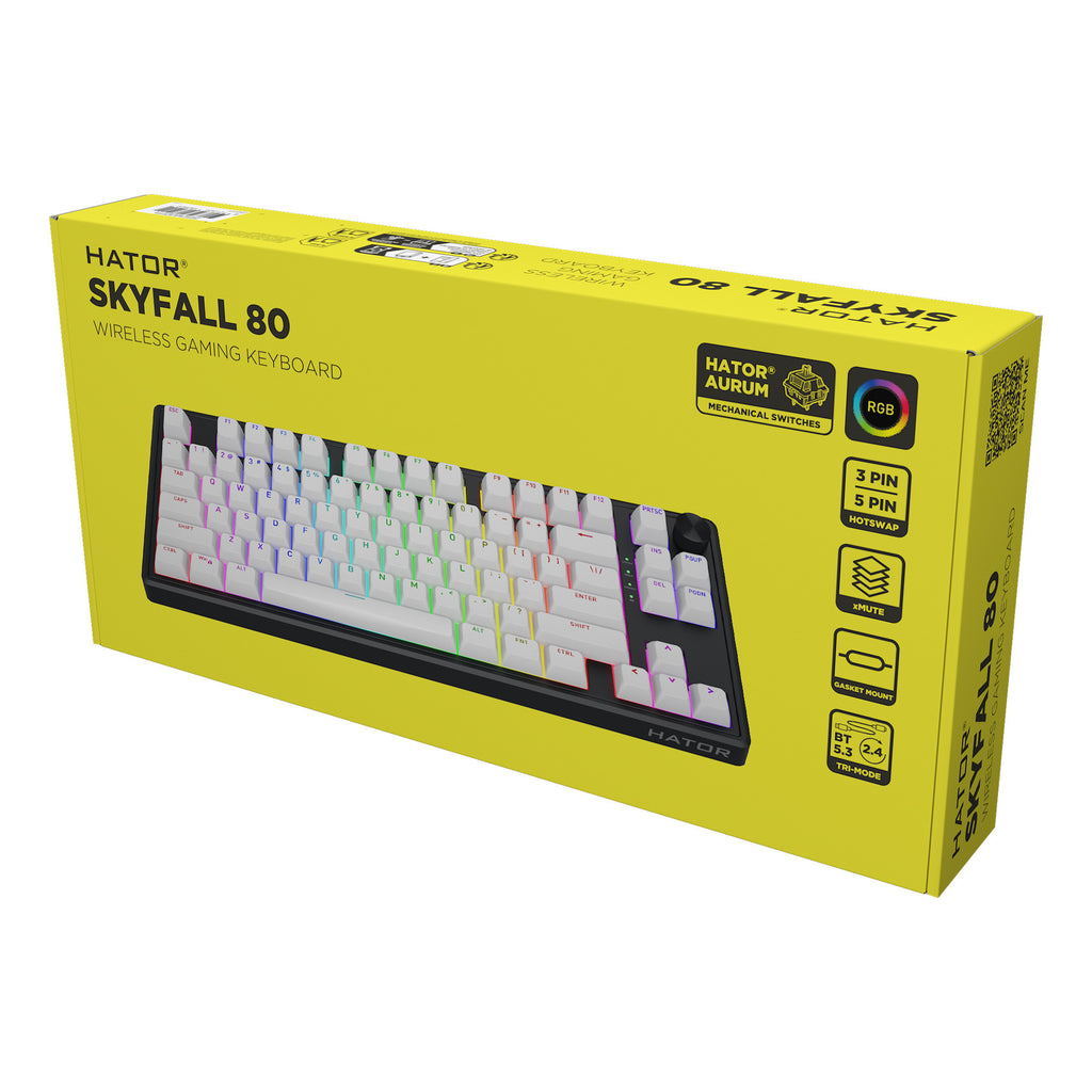 Hator skyfall wireless rgb mechanisch gaming toetsenbord (zwart, us lay-out (qwerty), hator aurum lemon, 80% (tkl), rgb, double shot abs, hot-swap, 2.4ghz | bluetooth | usb-c)