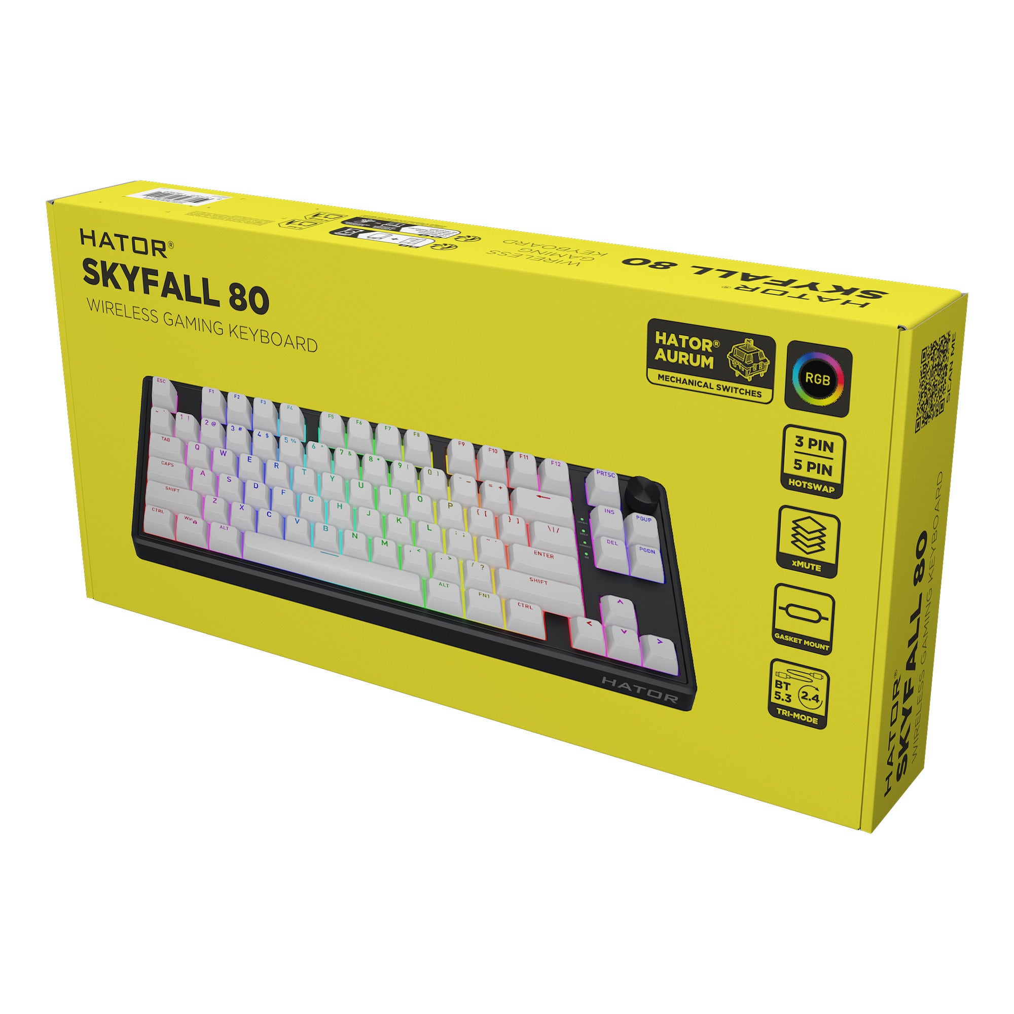 Hator skyfall wireless rgb mechanisch gaming toetsenbord (zwart, us lay-out (qwerty), hator aurum lemon, 80% (tkl), rgb, double shot abs, hot-swap, 2.4ghz | bluetooth | usb-c)