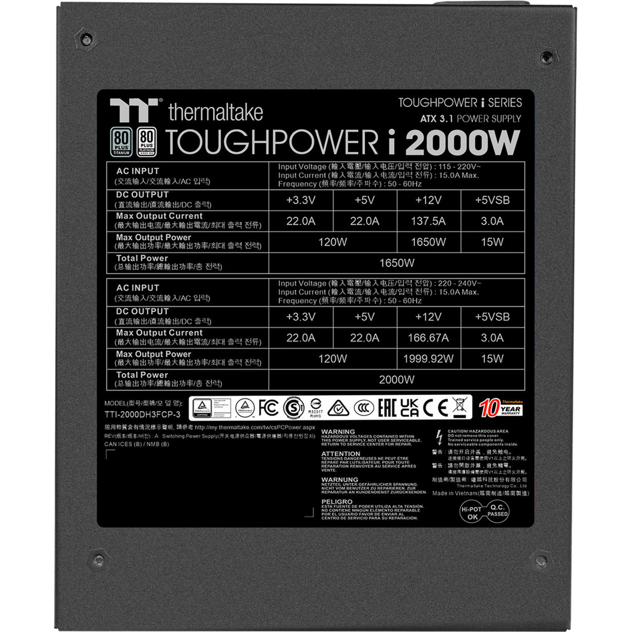 Thermaltake toughpower i modulaire 2000 watt voeding (zwart, 4x 12v-2x6, 8x pcie)