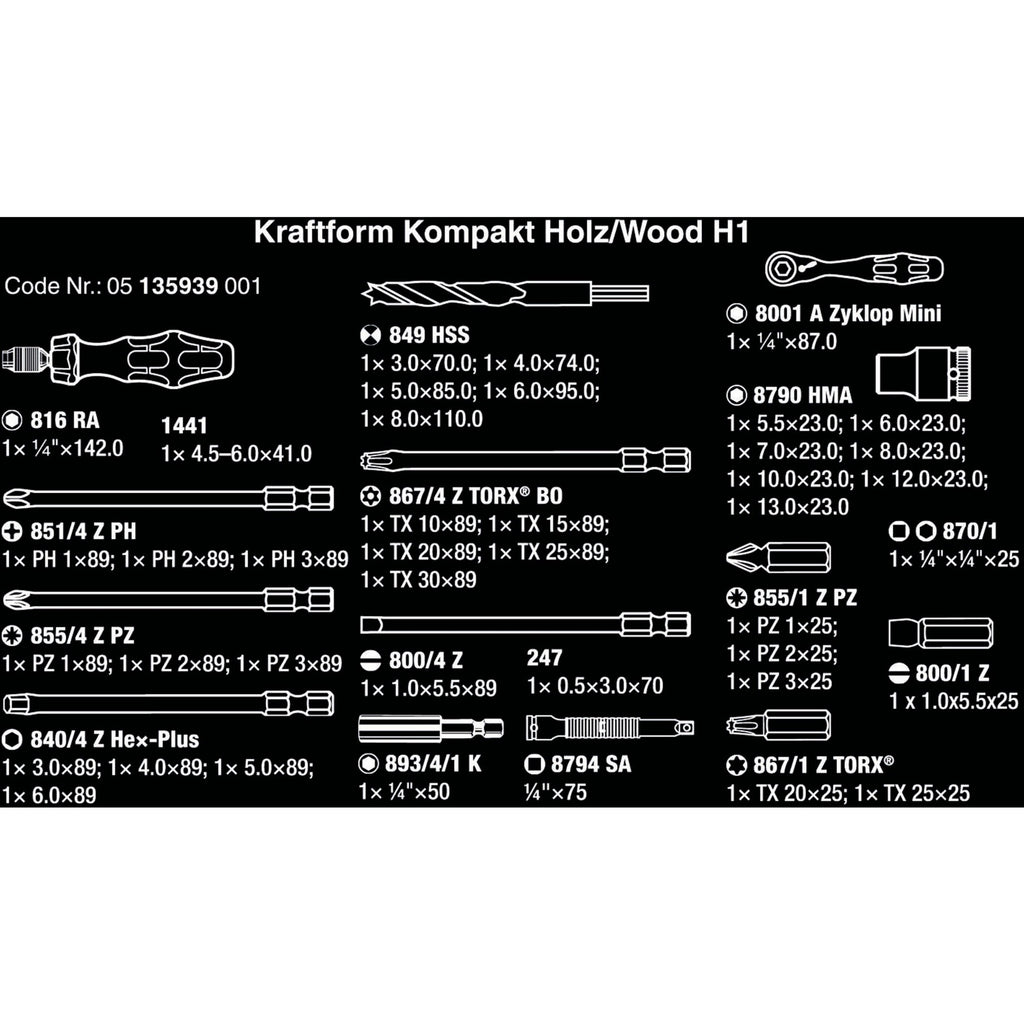 Wera kraftform kompakt h 1 hout, 41‑delig gereedschapsset (zwart groen)