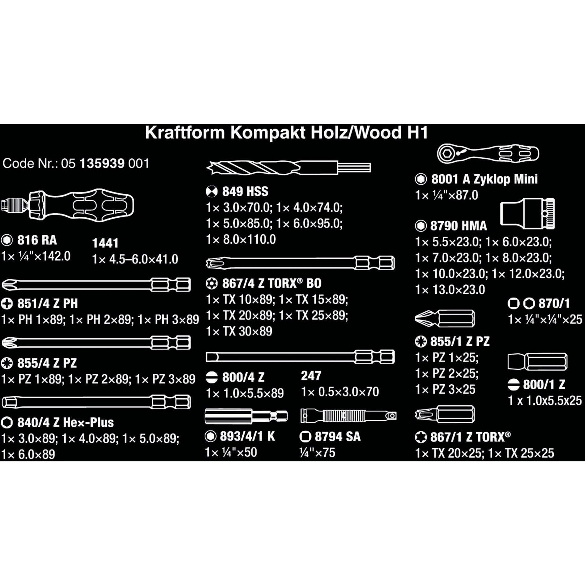 Wera kraftform kompakt h 1 hout, 41‑delig gereedschapsset (zwart groen)