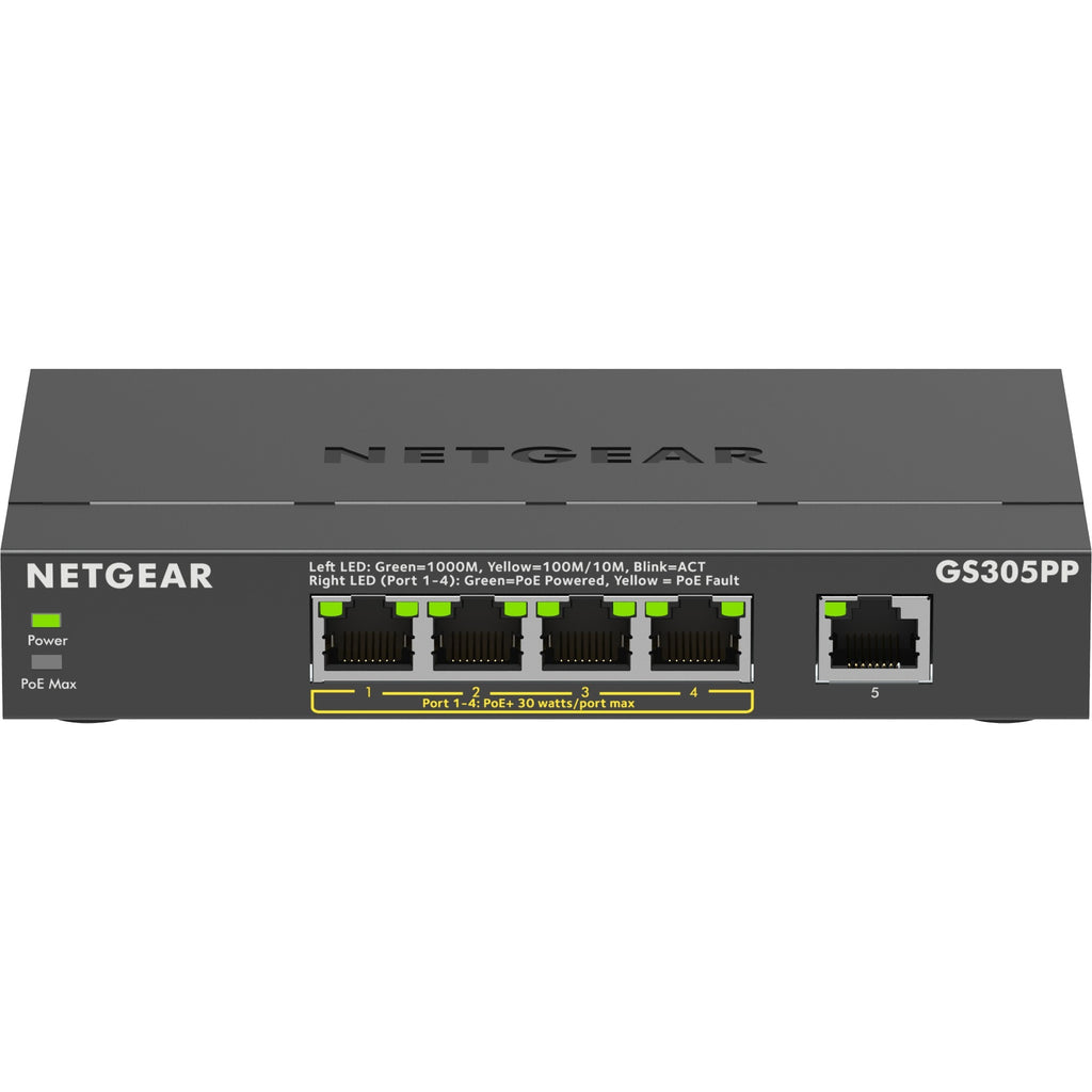 Netgear 5-port gigabit ethernet poe+ unmanaged switch (gs305pp) (zwart)