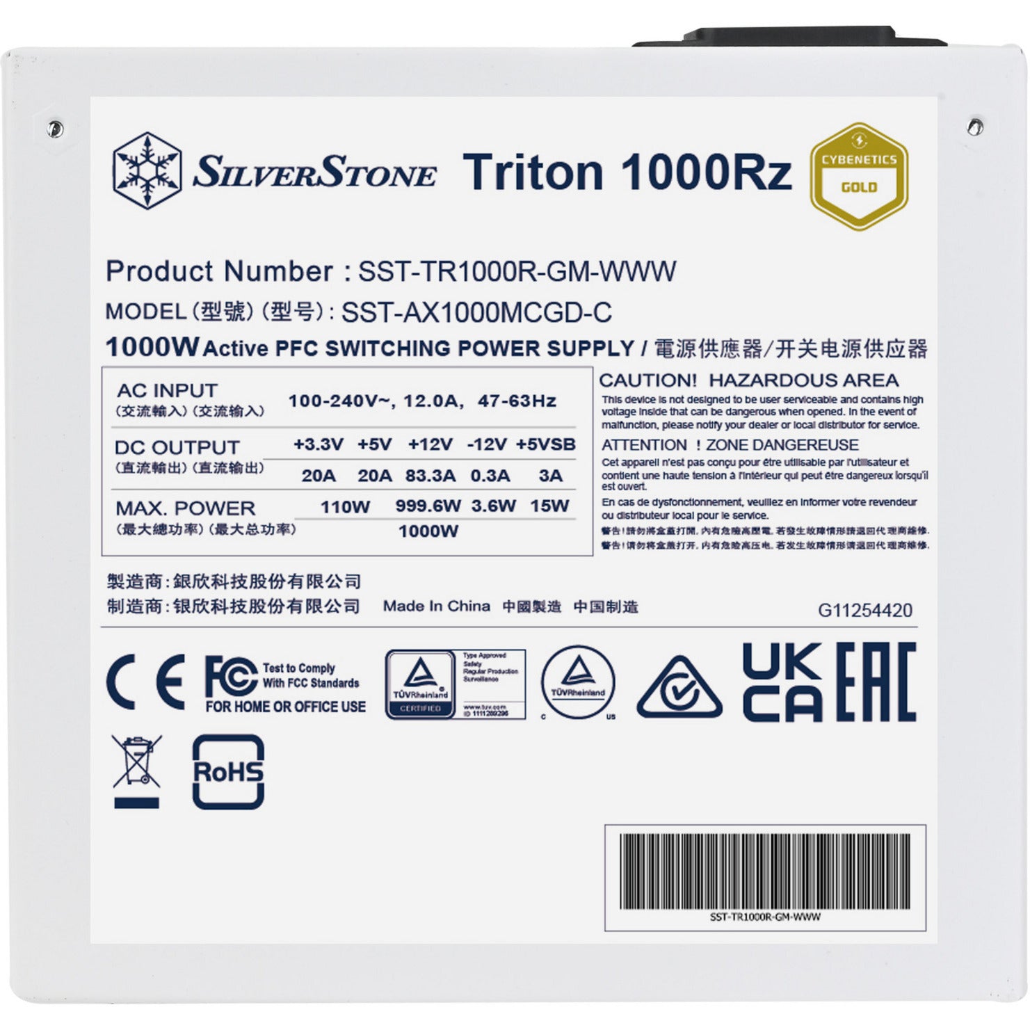Silverstone triton 1000rz modulaire 1000 watt voeding (wit, 1x 12v-2x6, 4x pcie)