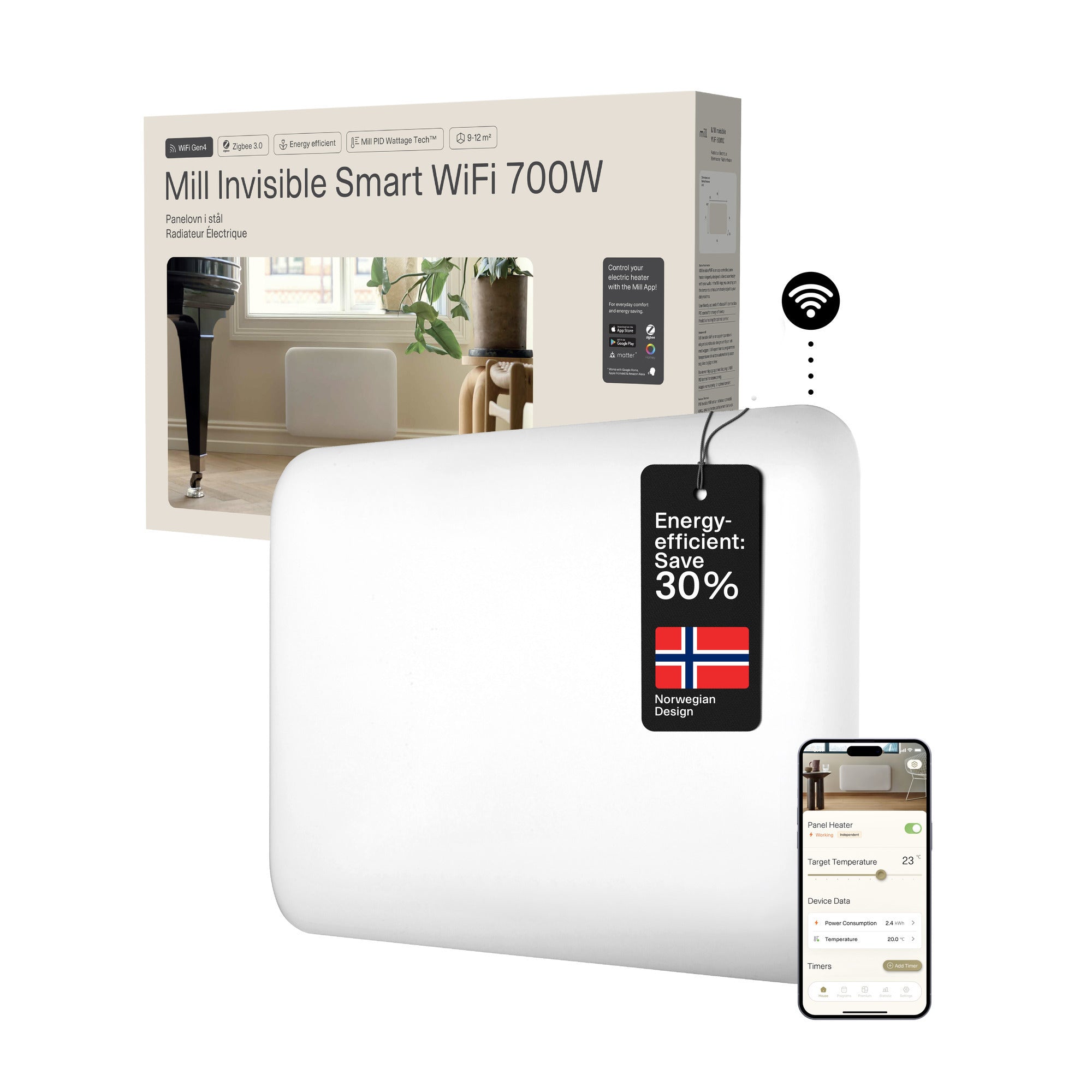 Mill steel wifi paneelverwarming pa700wifi4, 700 watt convector (wit, wifi 2,4 ghz (wifi 6), bluetooth 5.2, zigbee 3.0 + app)