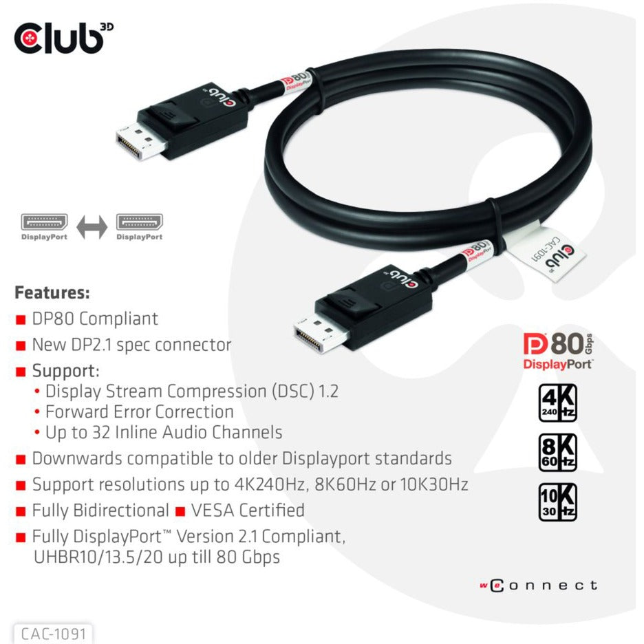 Club 3d displayport 2.1 vesa dp80 gecertificeerde kabel male-male (zwart, 1,2 meter, 4k 240hz, 8k 60hz, 80gbps)