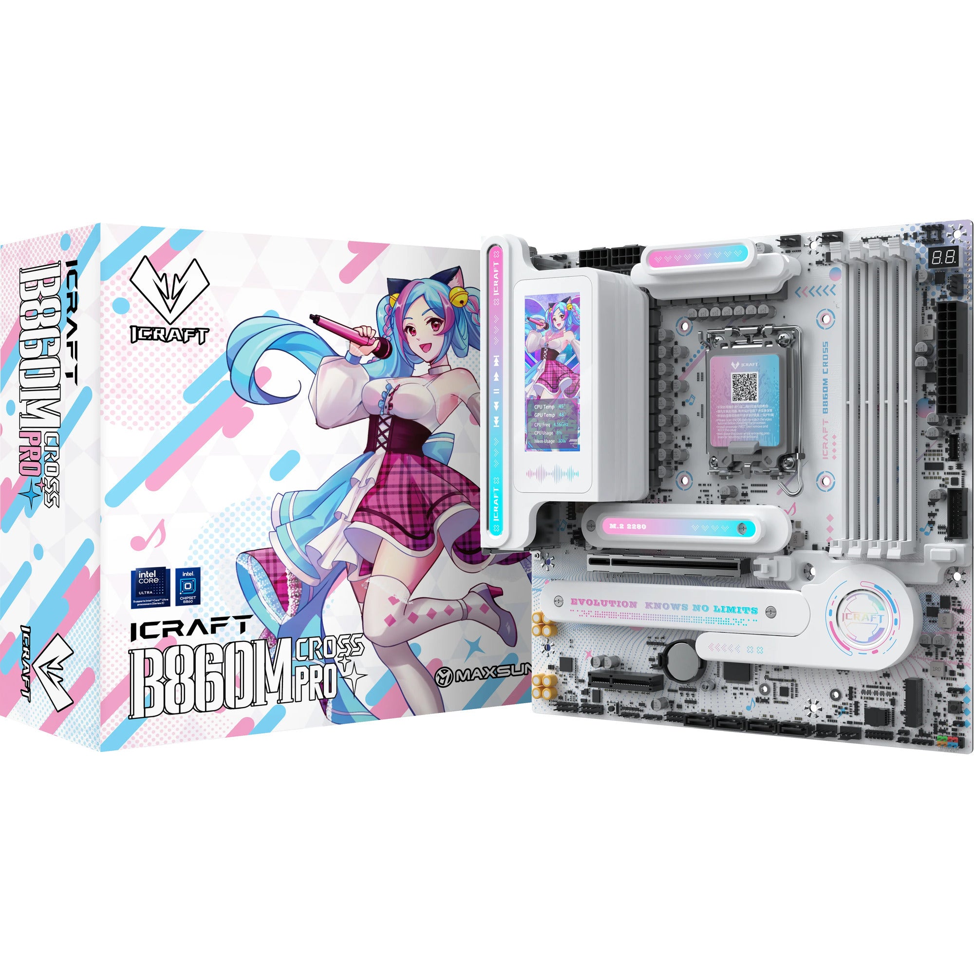 Maxsun ms-icraft b860m cross pro socket 1851 moederbord (wit, raid, 5 gb-lan, wlan, bt, sound, µatx)