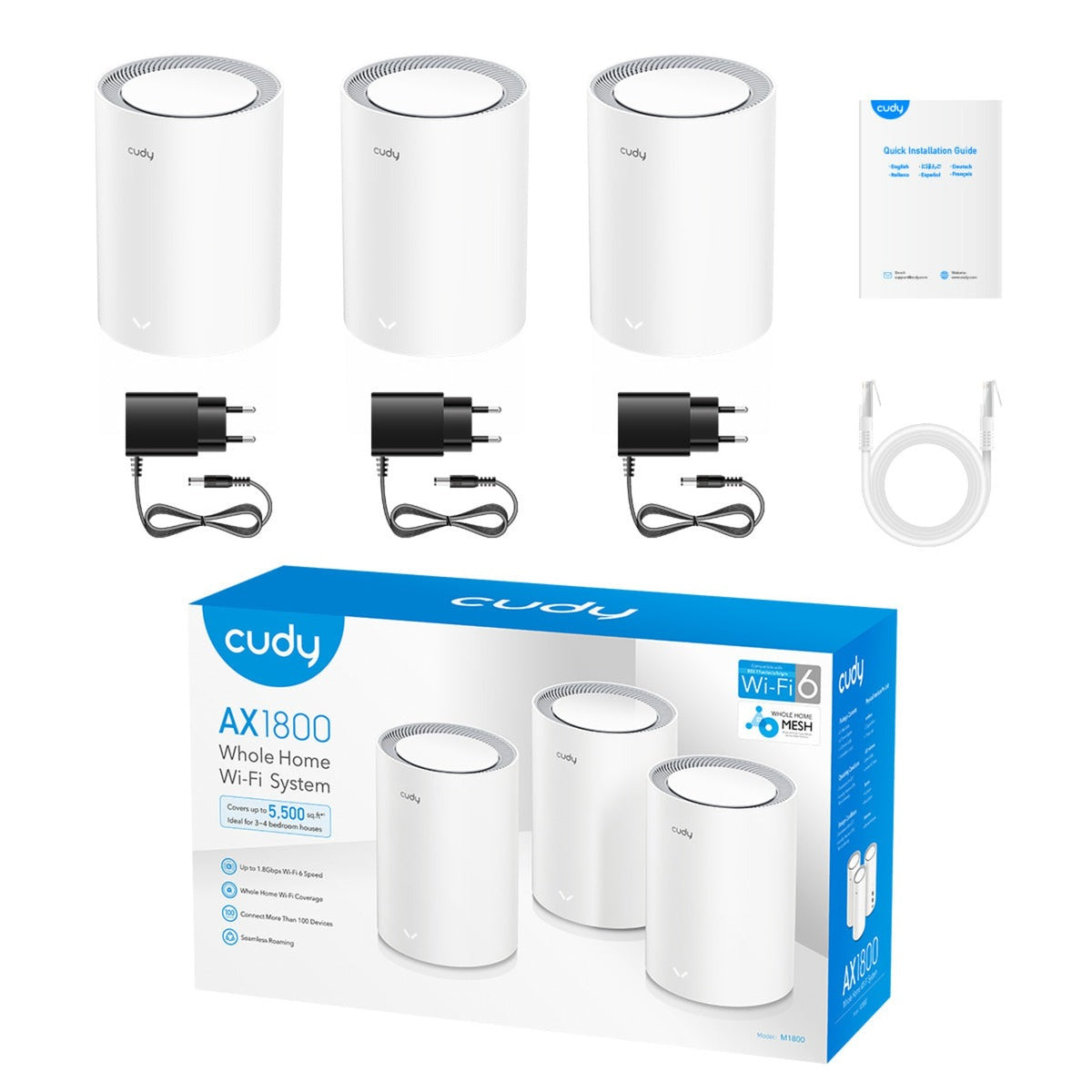 Cudy ax1800 gigabit mesh wi-fi 6 system (3-pack) mesh router (wit)